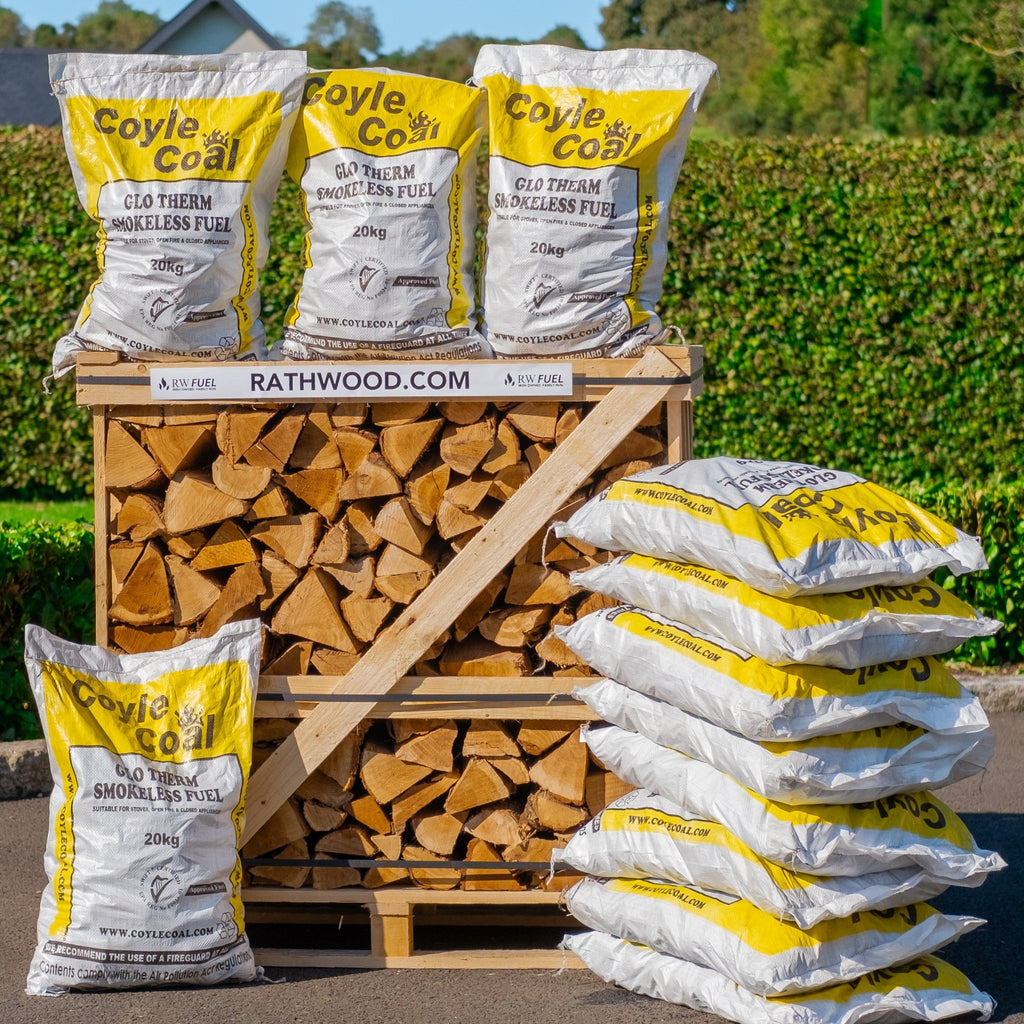 12 x 20kg Glotherm Coal and Hardwood Firewood 1.55m³ - 625kg Kiln Dried (4 Row) Pallet - Rathwood Store