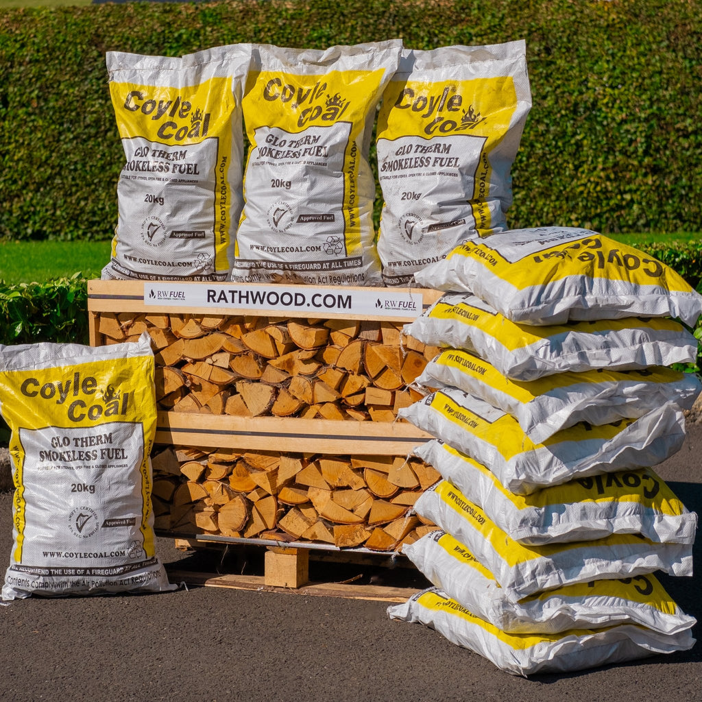 12 x 20kg Glotherm Coal and Hardwood Firewood 1m³ - 400kg Kiln Dried (4 Row) Pallet - Rathwood Store