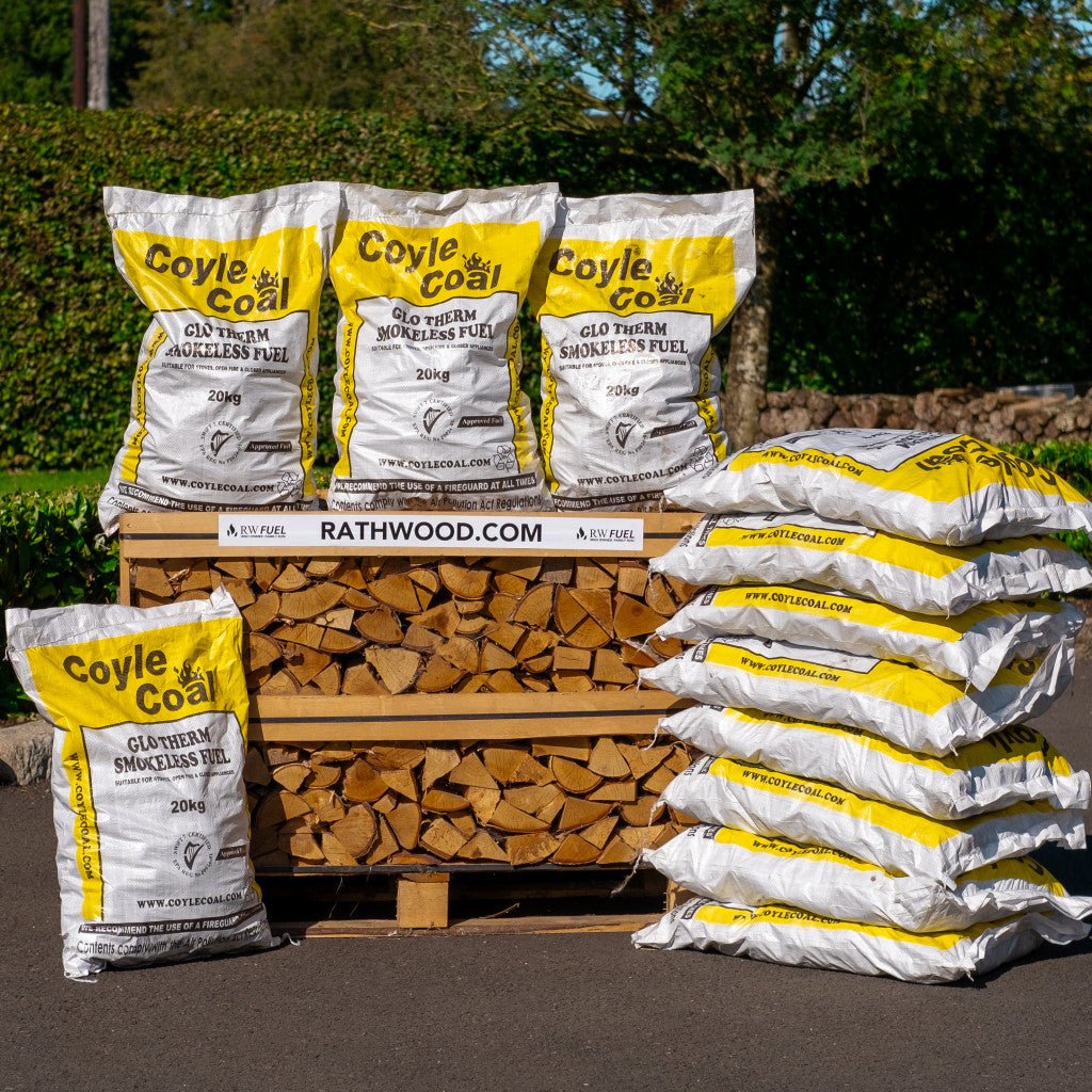 12 x 20kg Glotherm Coal and Oak Firewood 1m³ - 440kg Kiln Dried (4 Row) Pallet - Rathwood Store