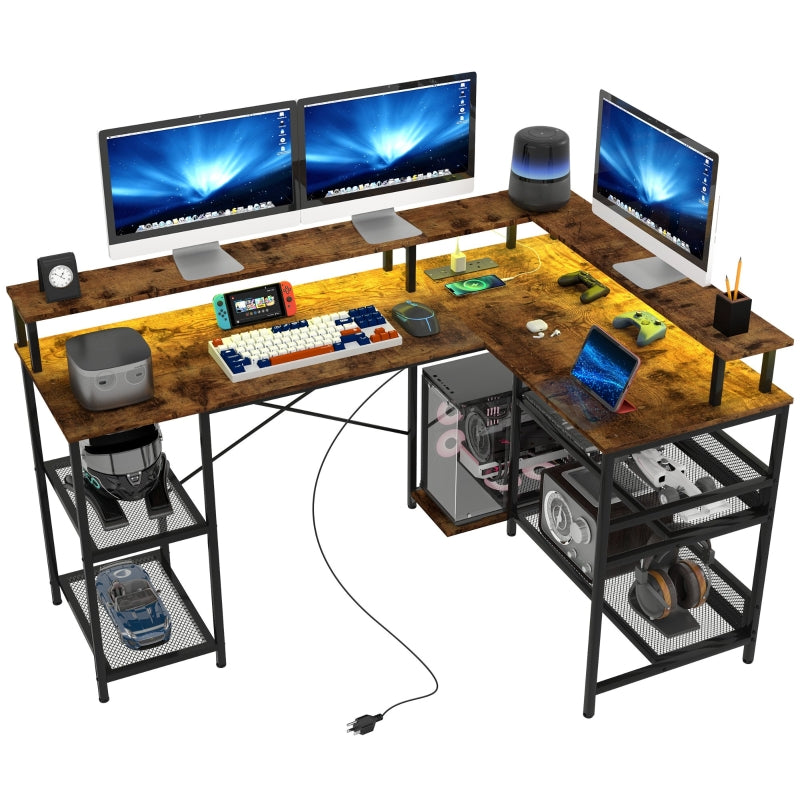 LED Light 'L' Computer Desk, Shelves - Brown