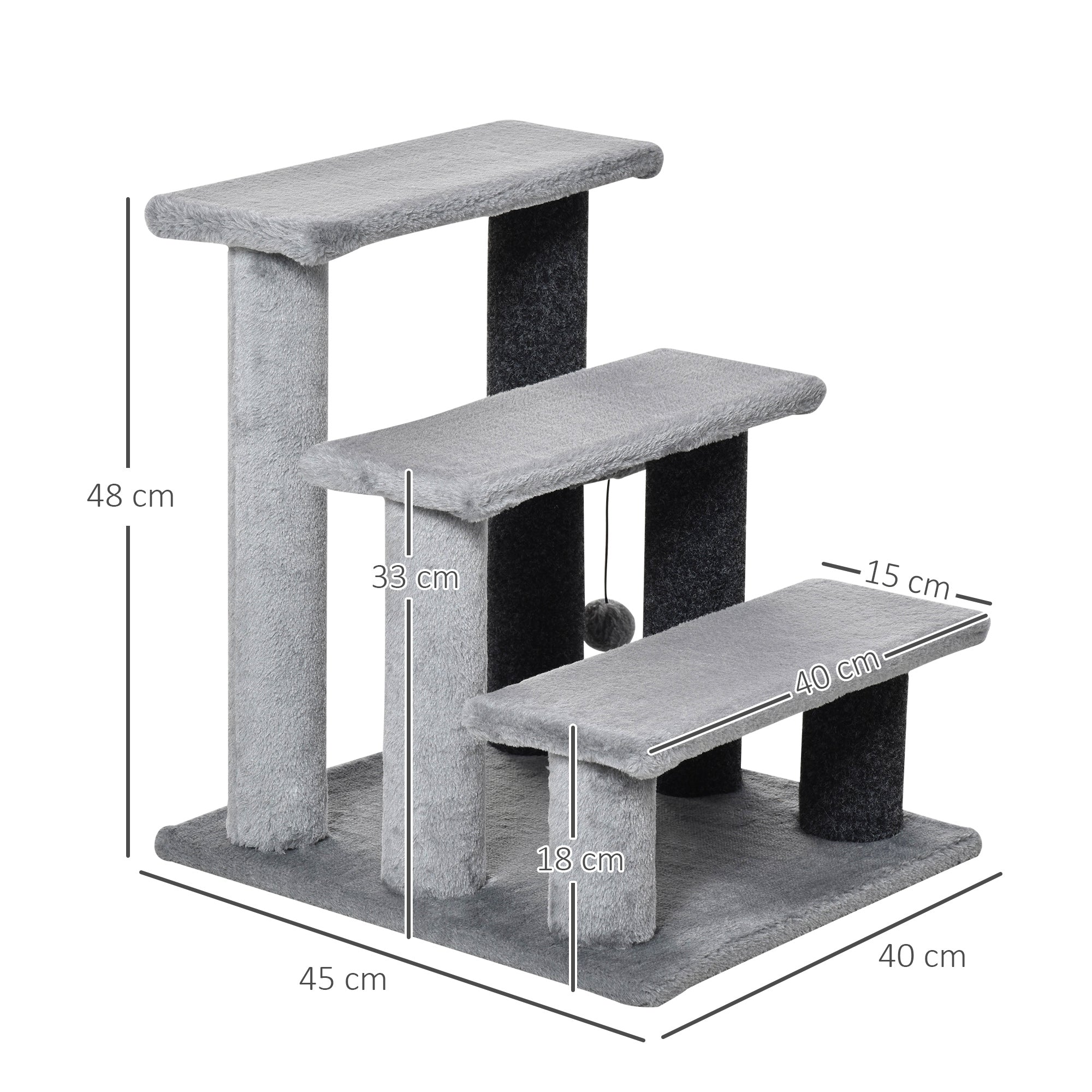 Cat Stairs 3 Steps with Play Ball, Plush Grey
