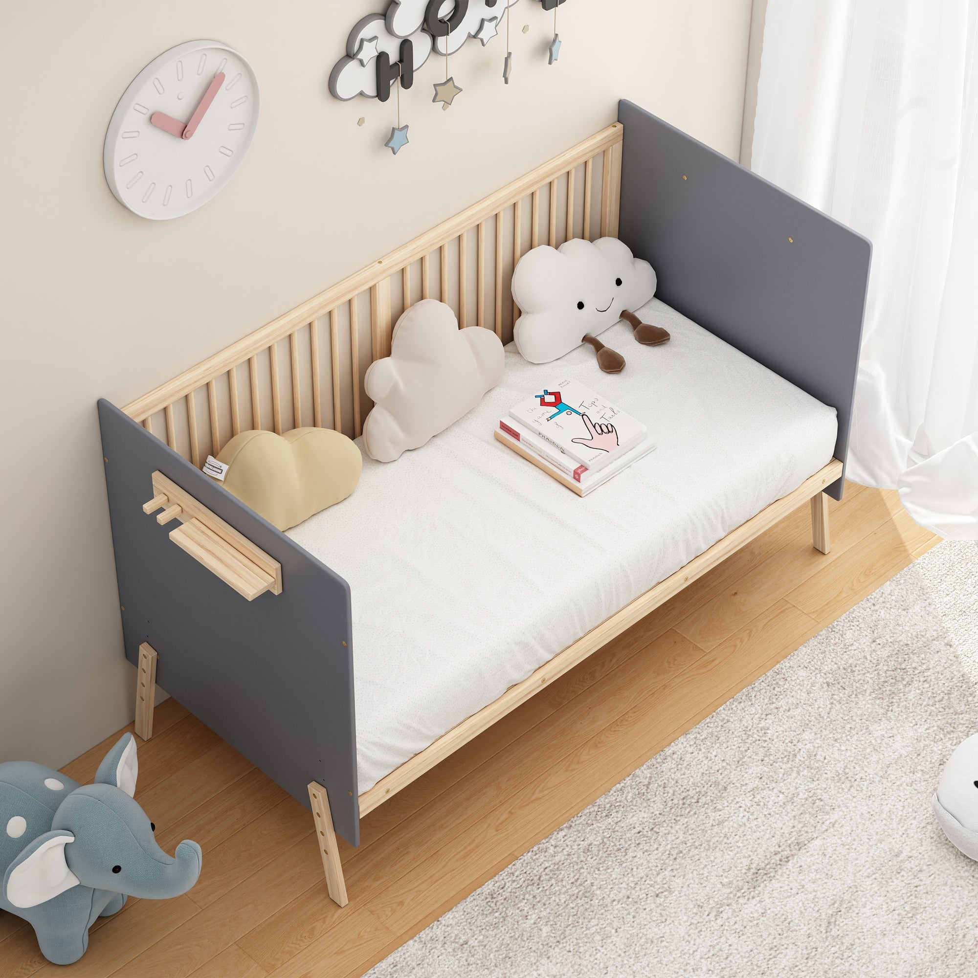 Solid Wood Baby Bed Adjustable Children's Cot/Sofa Bed 3-Stage Height Blue-Grey Natural Wood