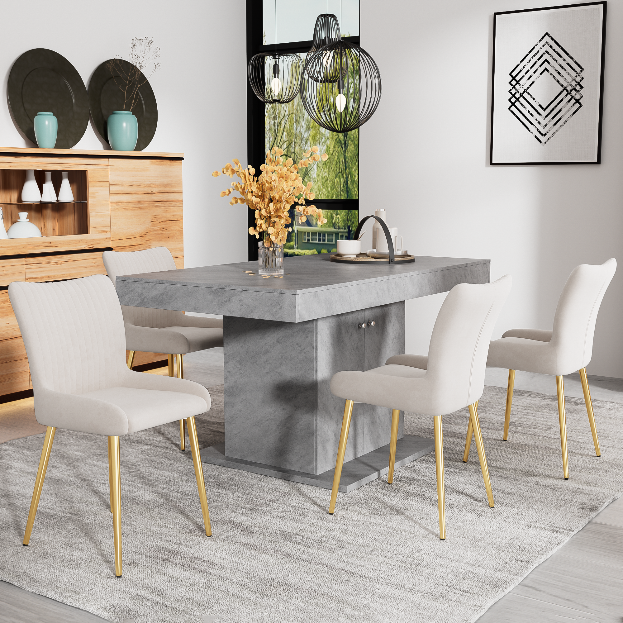 Velvet Dining Chair, Set of 4 with Gold Metal Legs and Lumbar Support, Beige