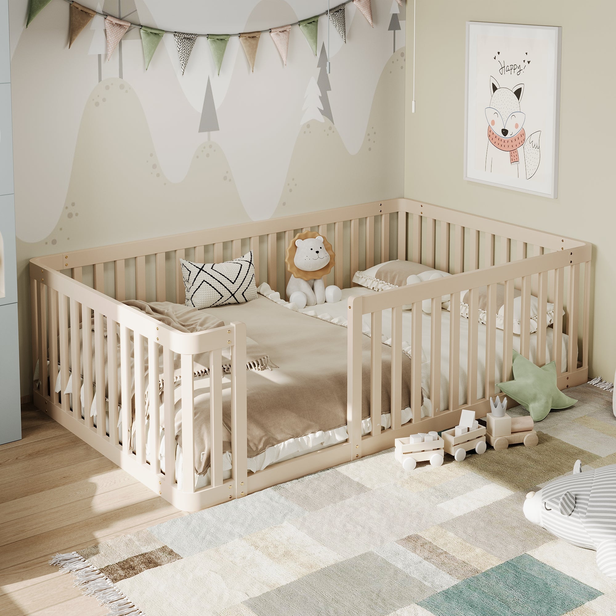 Wooden Bed Frame with Railing, 90x200cm, Cream