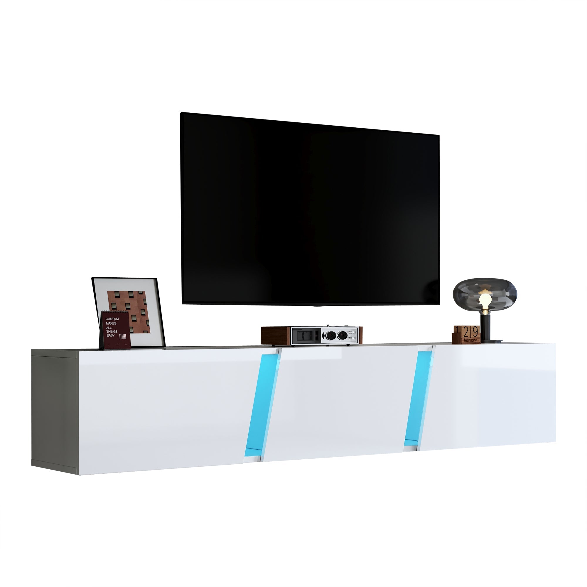 TV Cabinet 180cm Wall-Mounted Lowboard with LED Lights, 3 Doors, White
