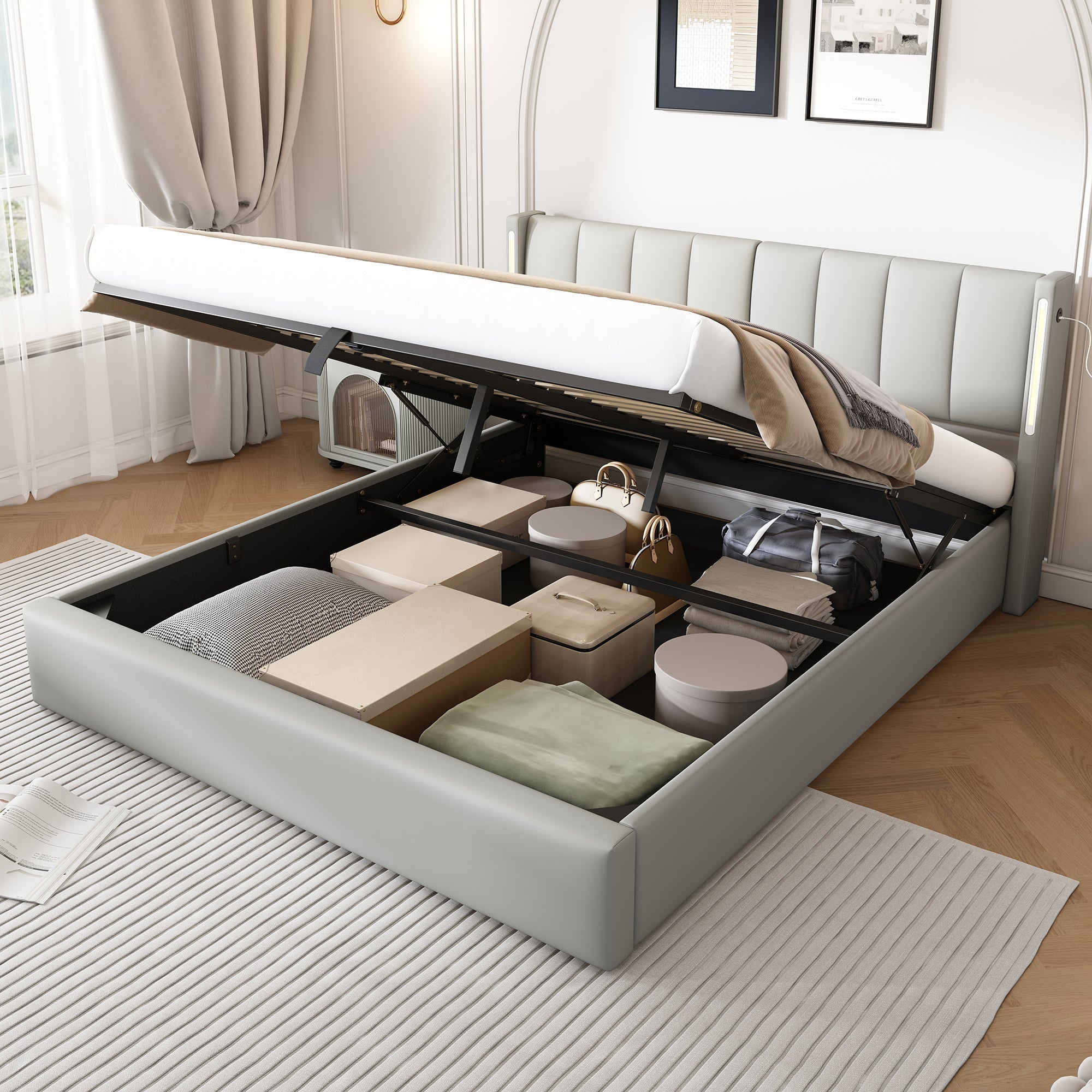 Binaural LED Upholstered Bed with Hydraulic Storage, USB Port and Adjustable Headboard, 180x200cm, Grey PU