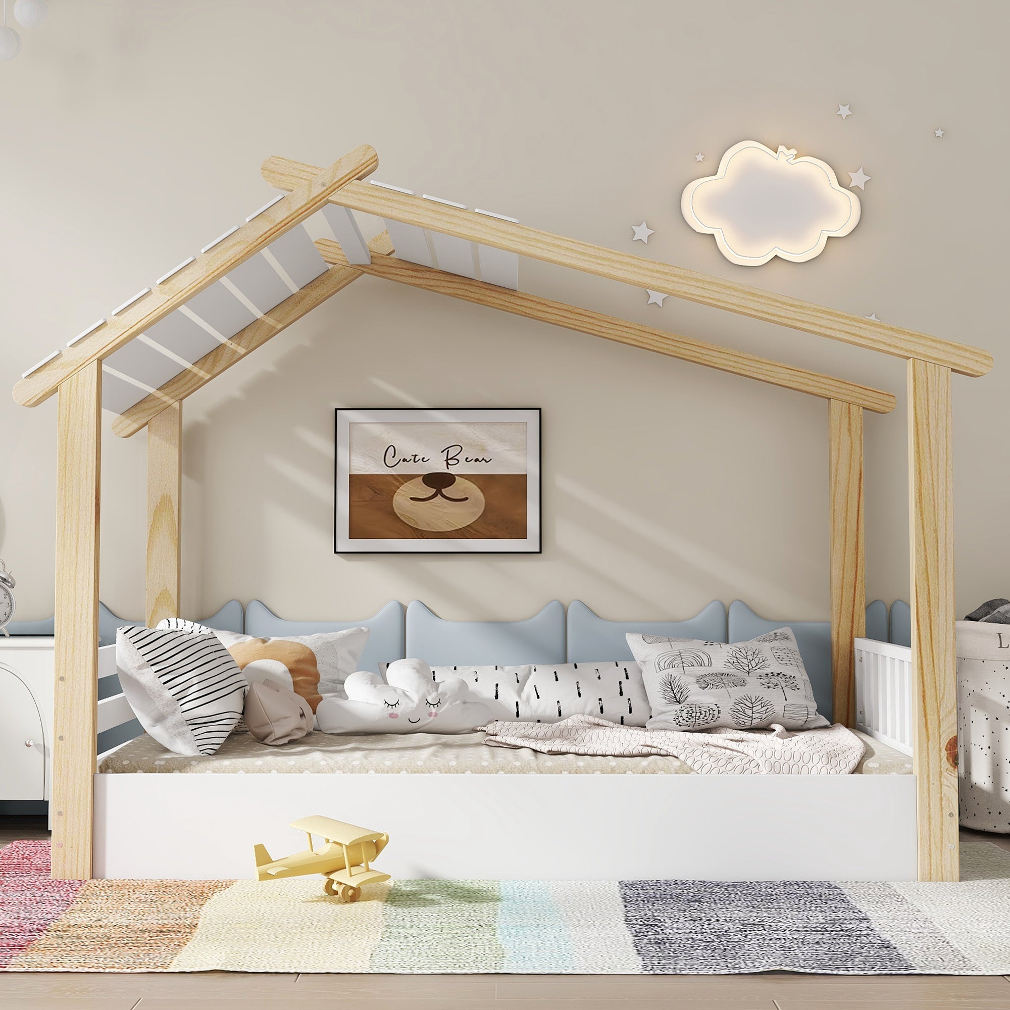 Wooden Bed, House Design Single with Slatted Frame, Pine & MDF White & Natural