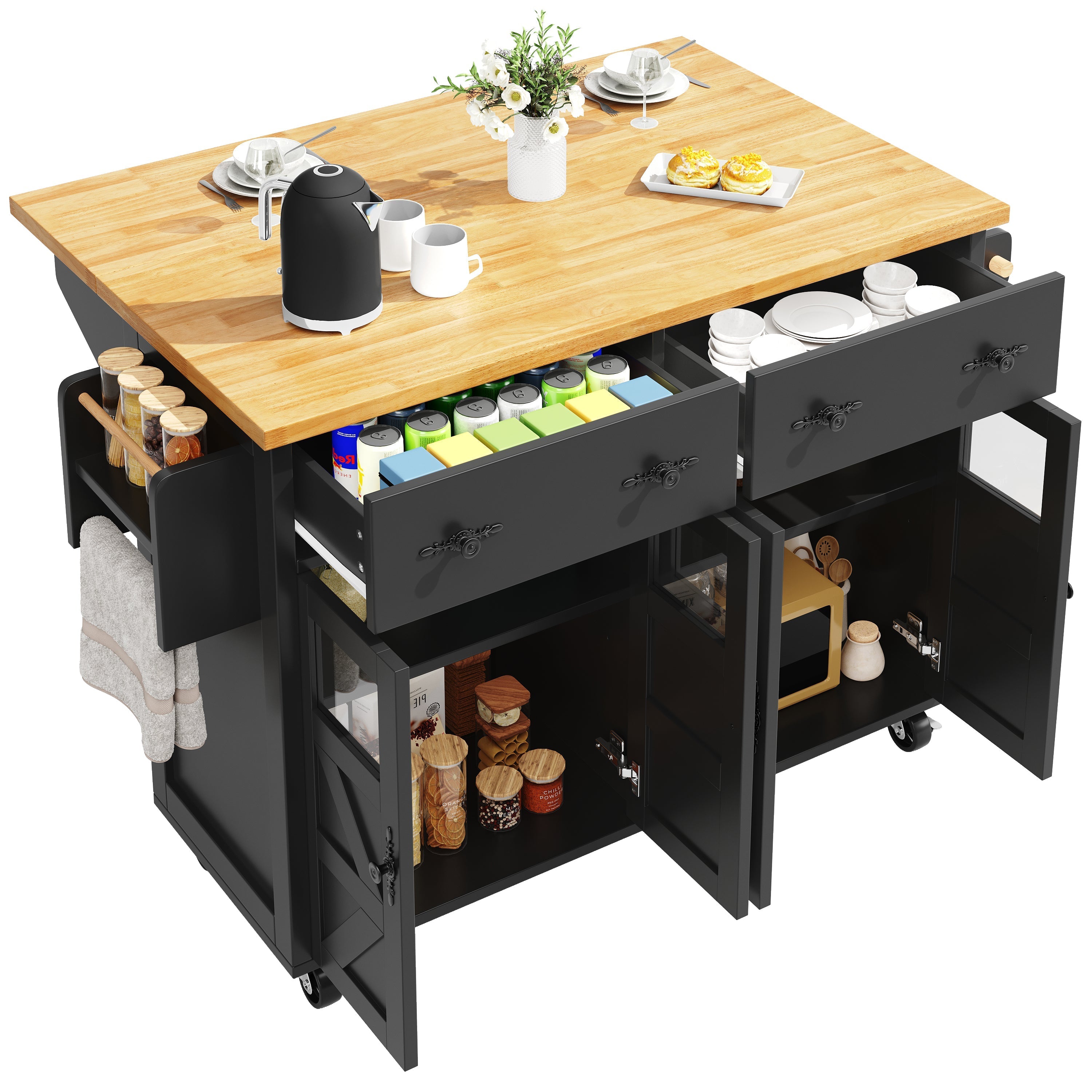 Kitchen Island Serving Trolley with Ample Storage and Adjustable Shelves, Black