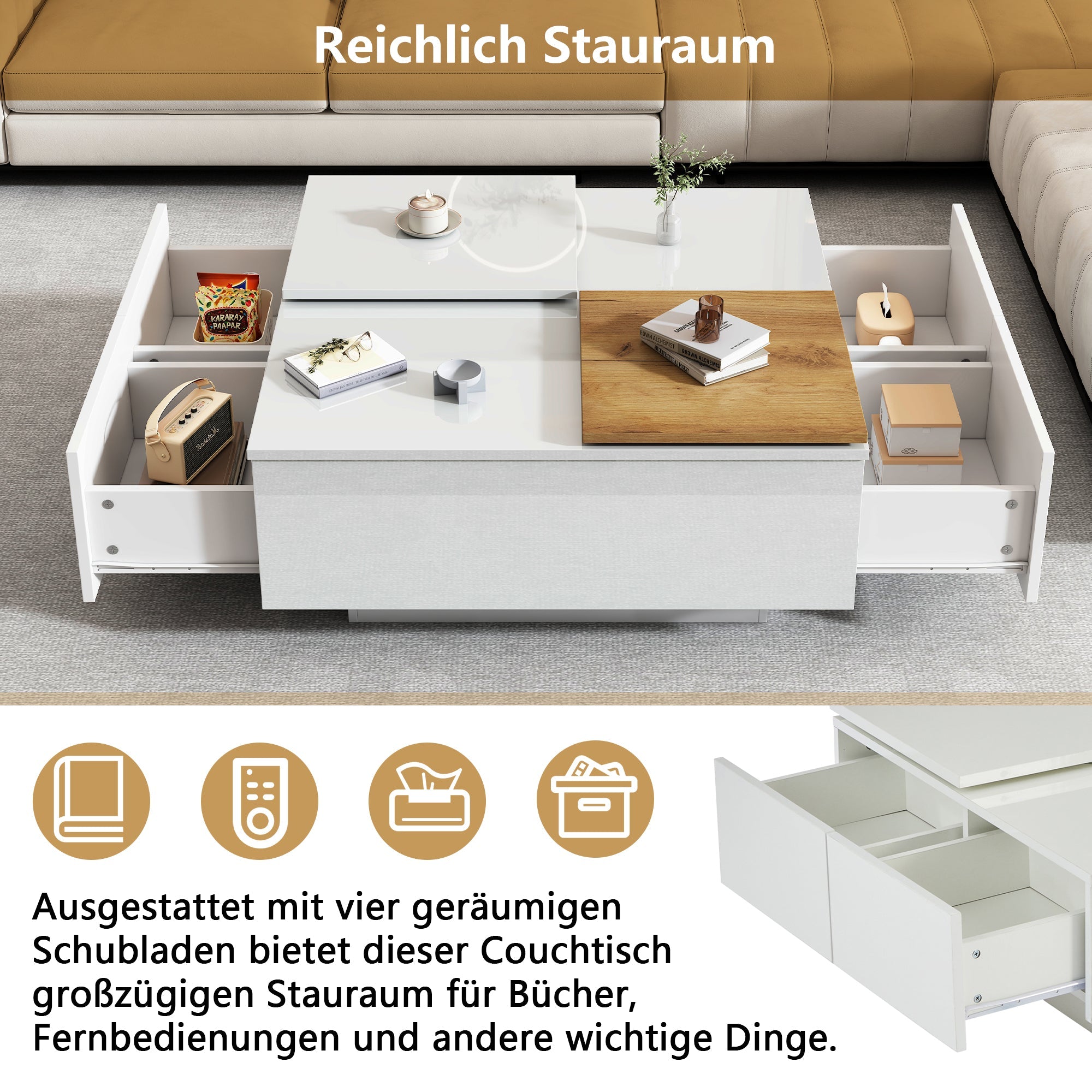 Coffee Table, Square with Storage & Sliding Tabletop, High-Gloss White Wood
