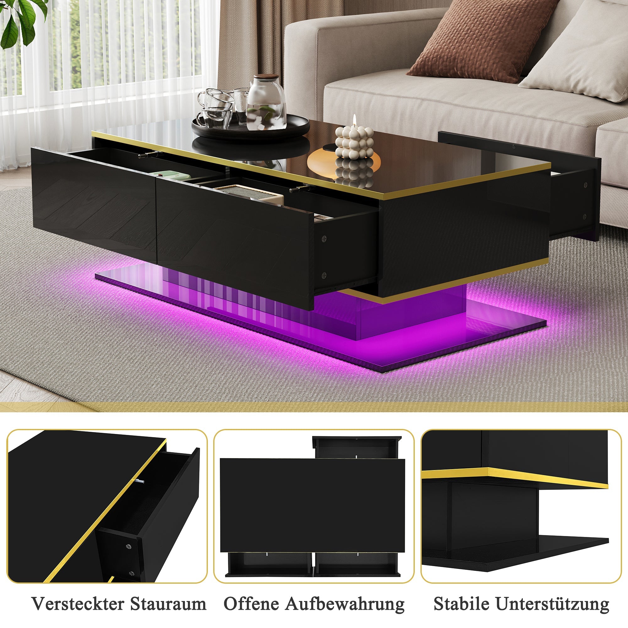 High-Gloss LED Coffee Table Modern 100cm with 3 Drawers USB Light Strip Gold Trim