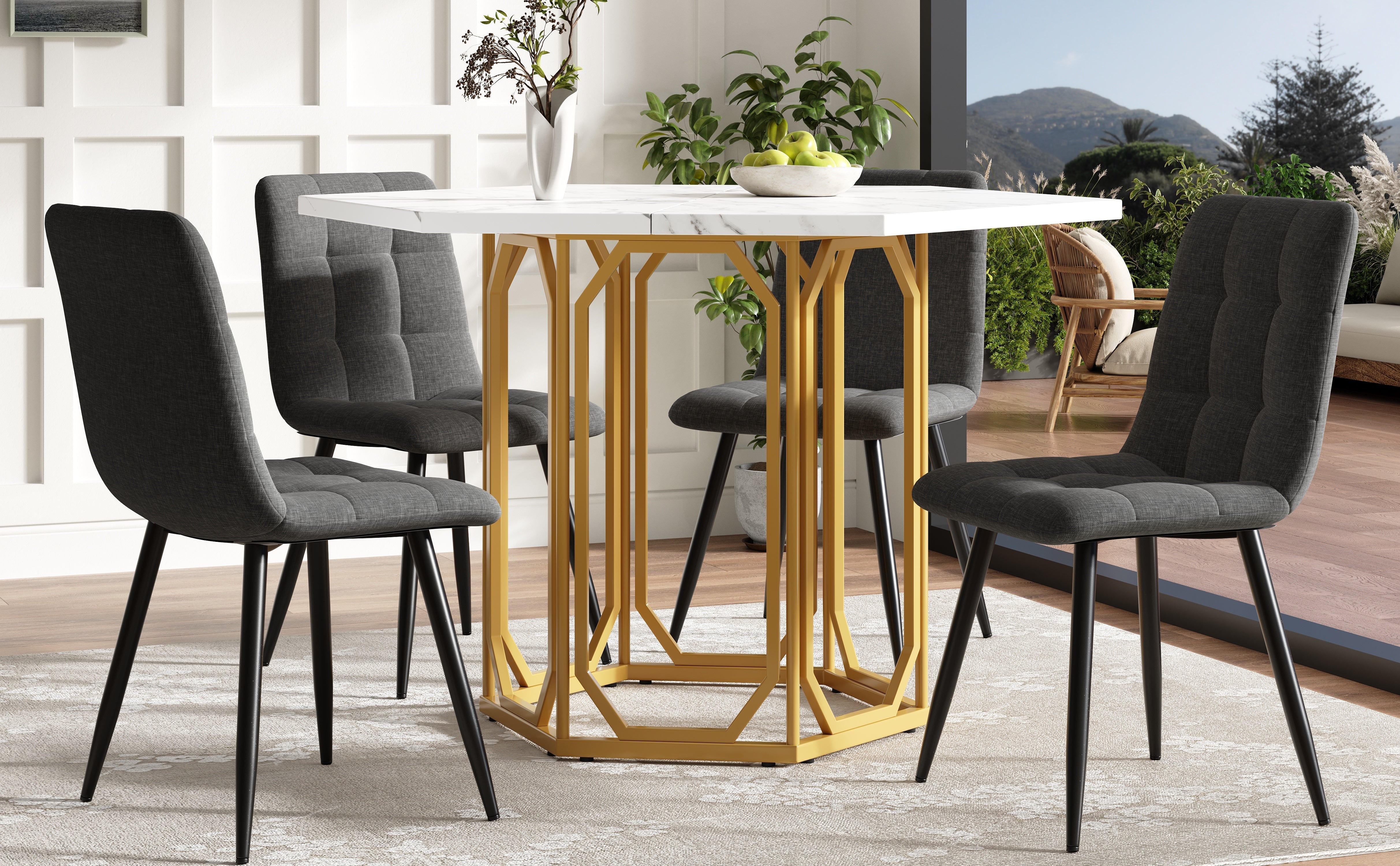 Dining Set 5-Piece Hexagonal Marble Top - Grey