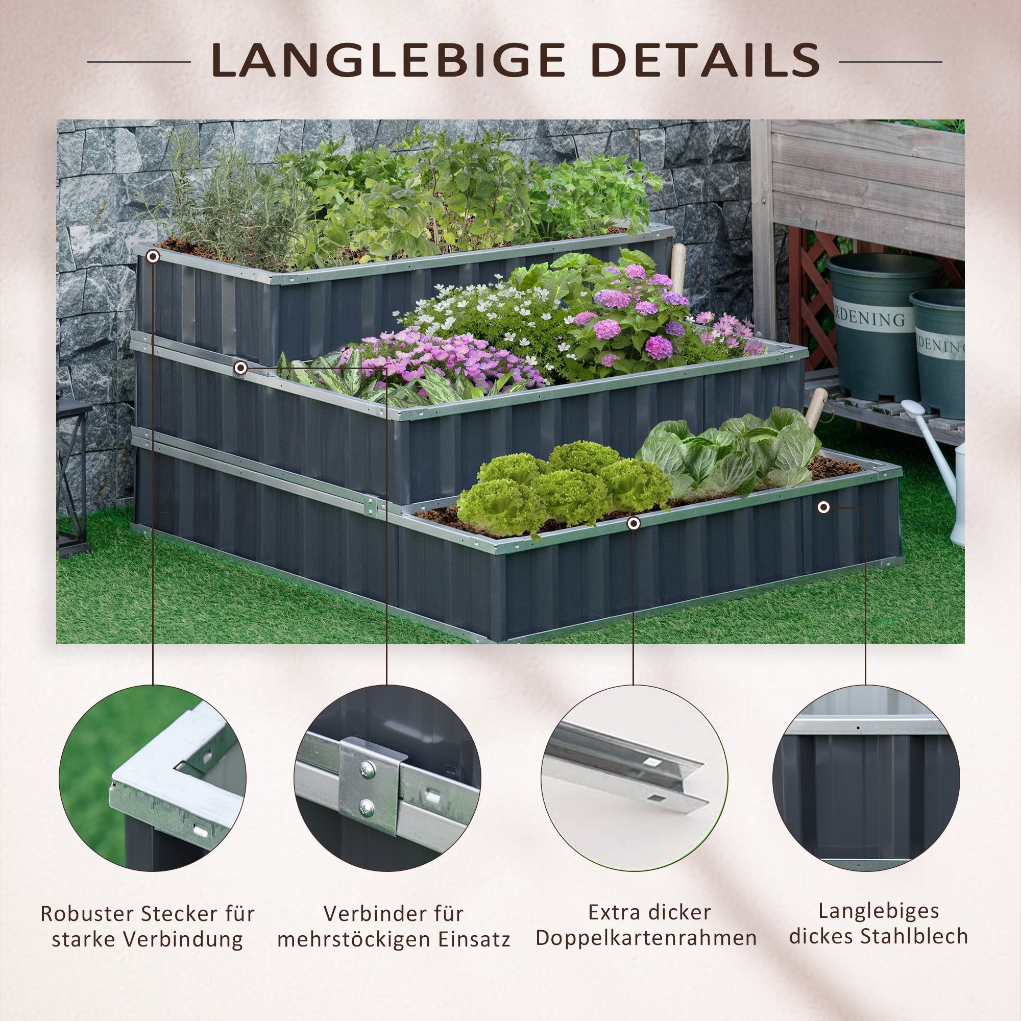 Steel Raised Garden Bed, 118x118x62 cm 3-Tier Flower Stand Weatherproof, Dark Grey Metal