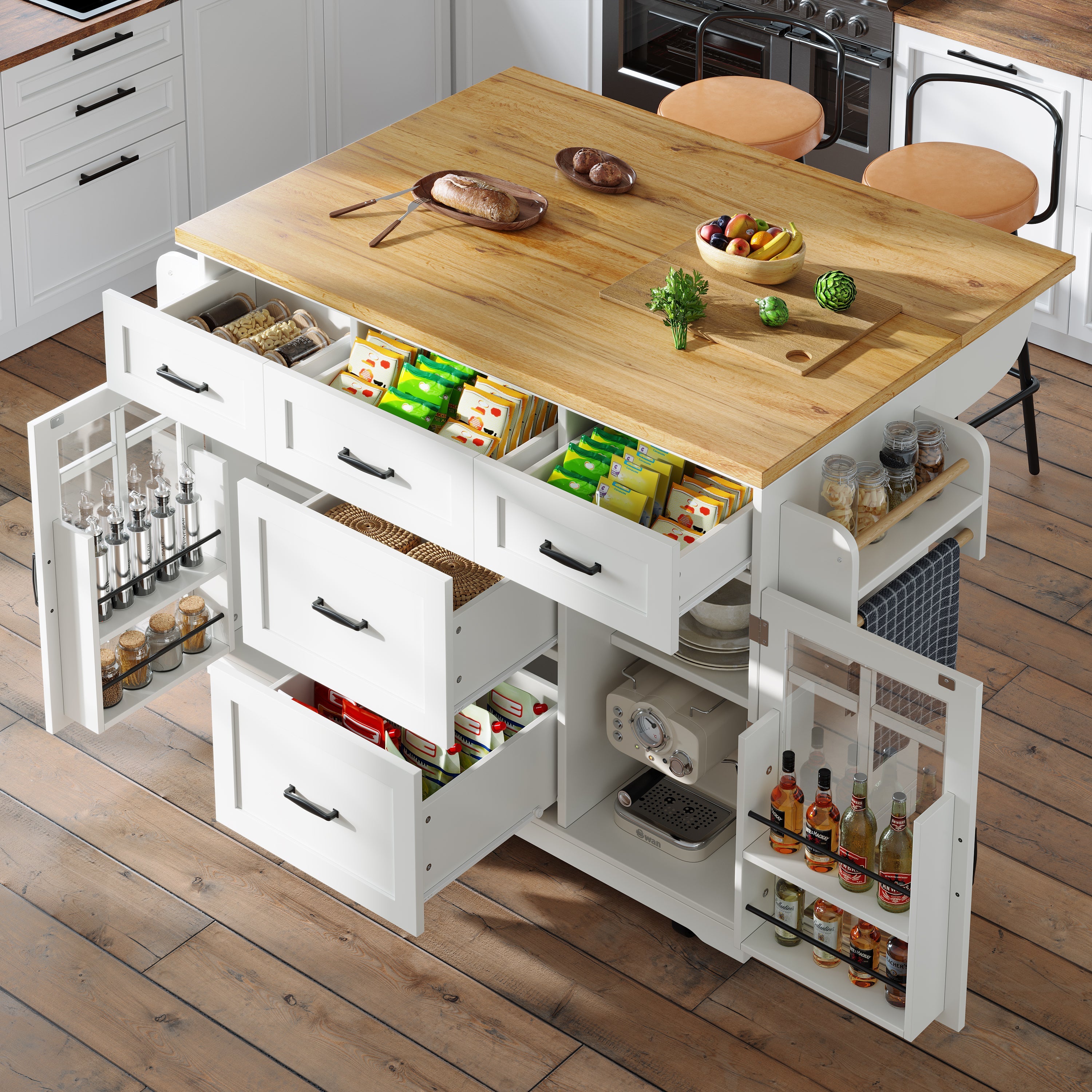 Kitchen Island, Mobile Serving Trolley with 2 Doors, 5 Drawers & Adjustable Shelves, White