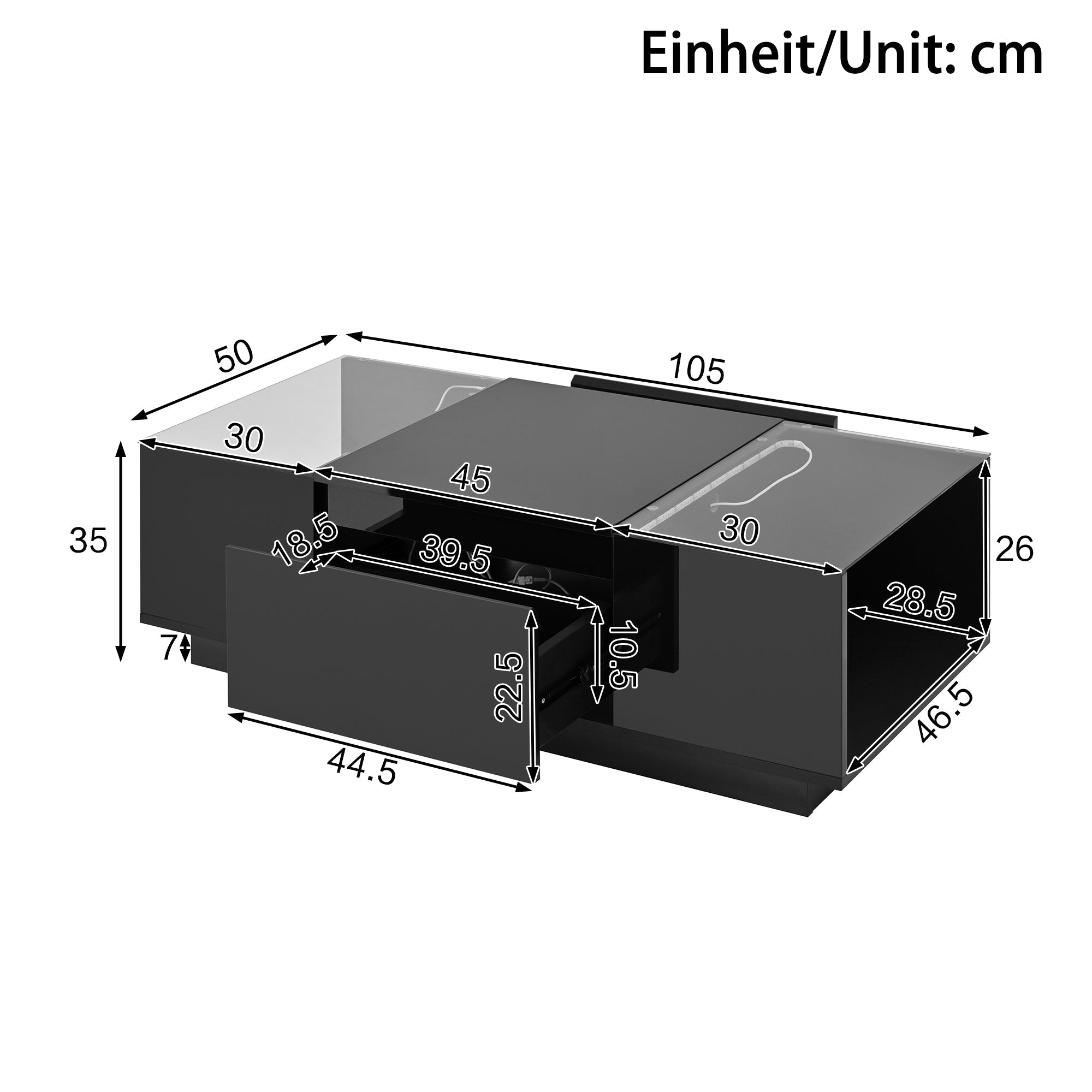 Coffee Table Modern Minimalist 105cm, Storage, LED Lighting, Glass Top, 2 Drawers