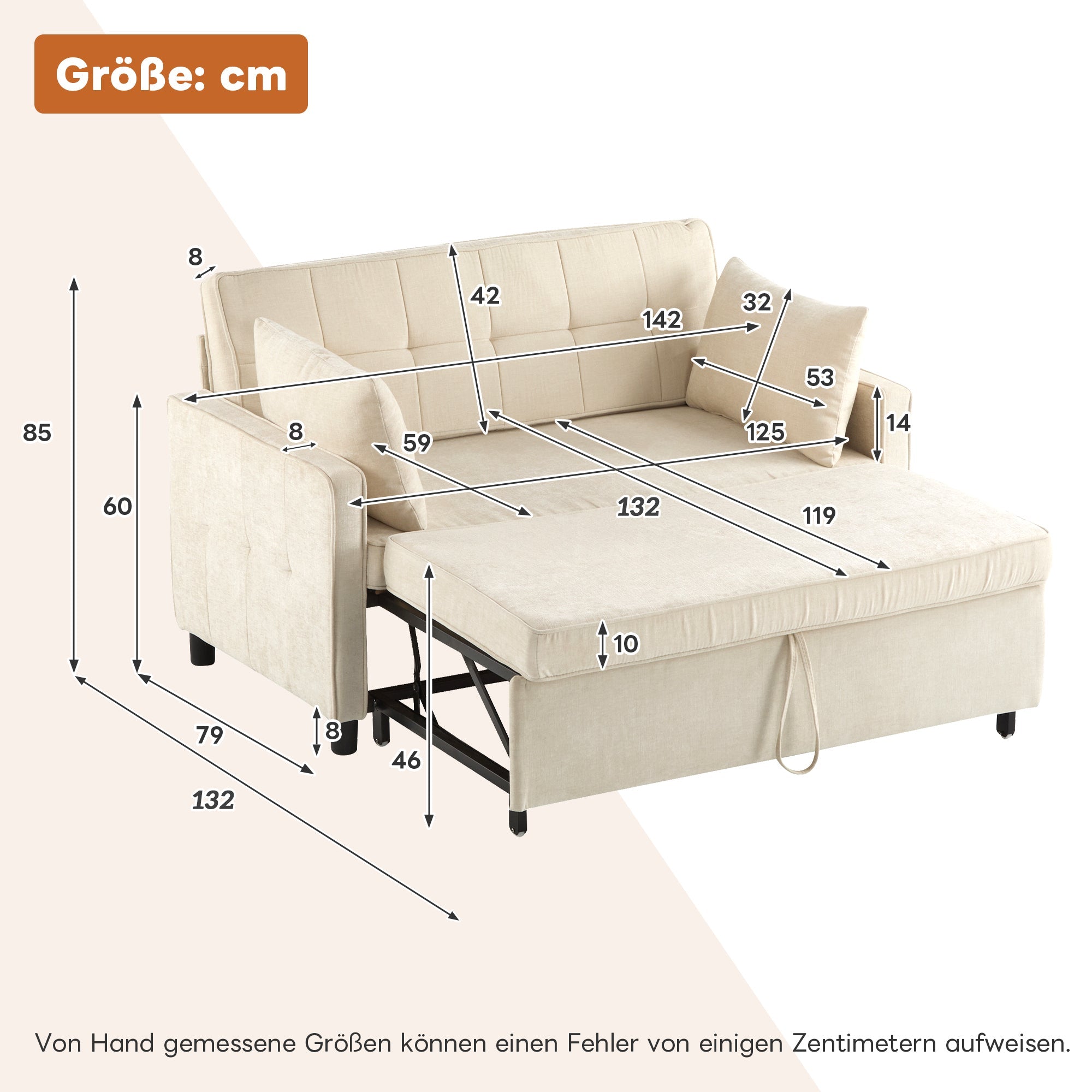 Sofa Bed Two-Seater Double Sleeper Adjustable Backrest Chenille Fabric