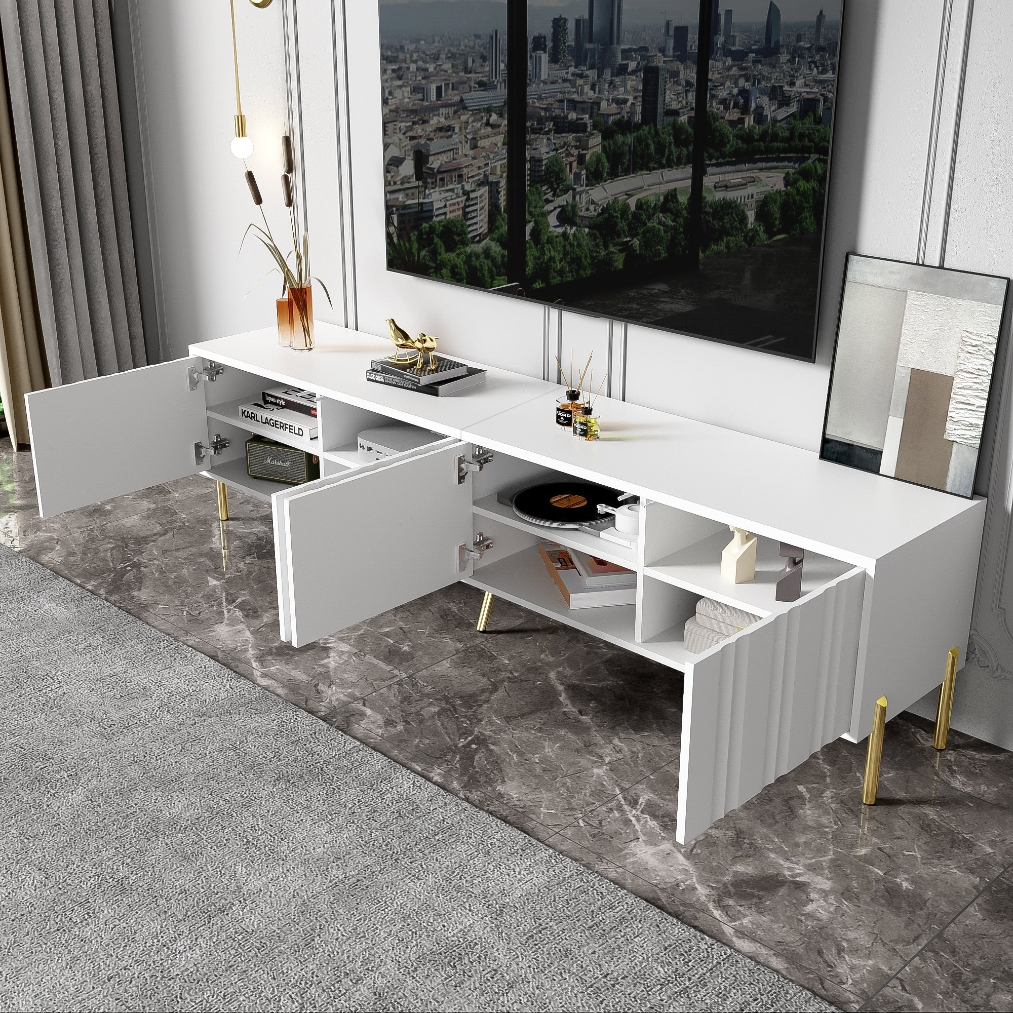 TV Cabinet 190cm Grooved Door Gold Legs - White