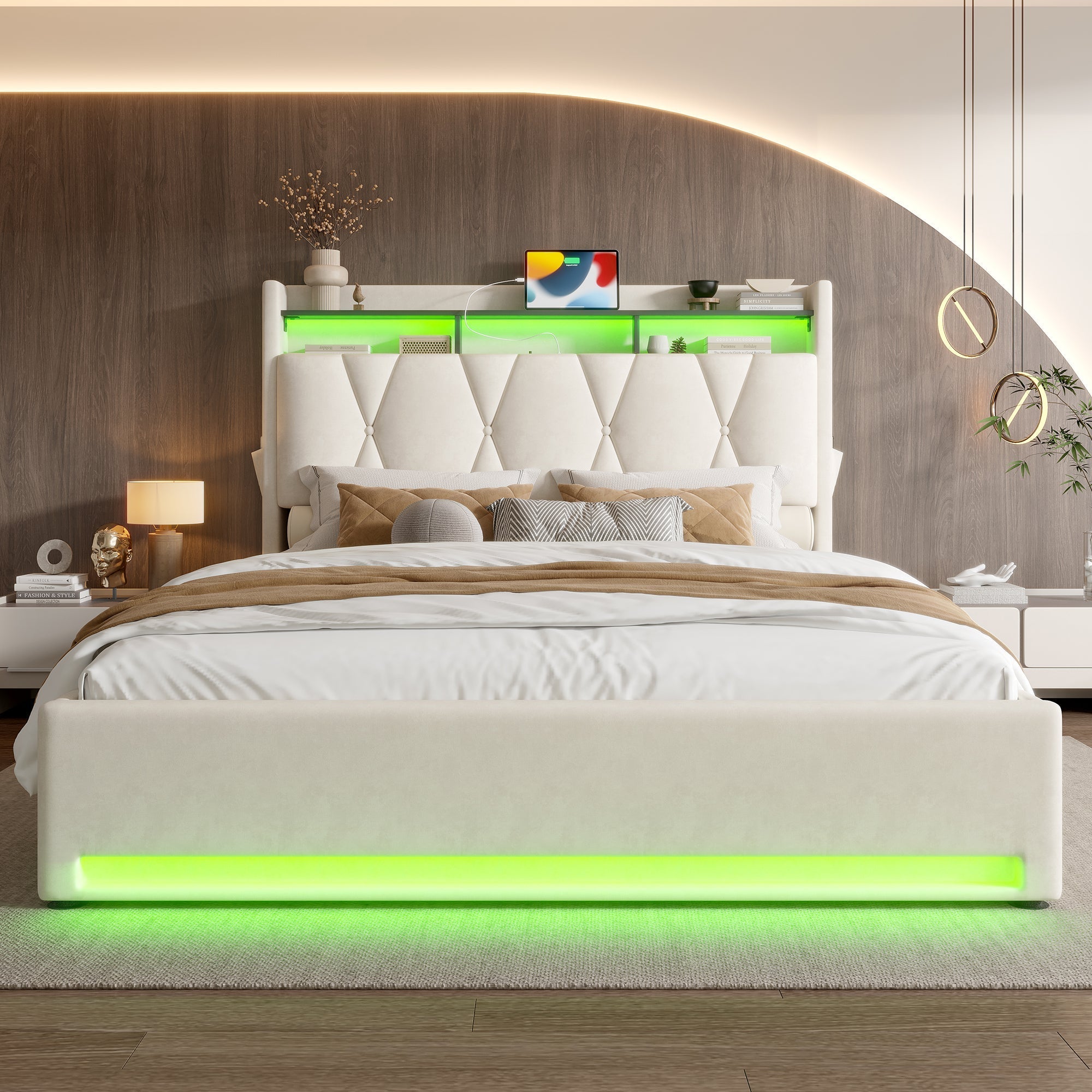 Upholstered Bed Frame, LED Lighting, USB-C Charging, Storage, Beige