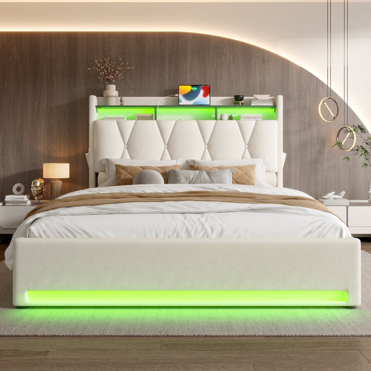 Upholstered Bed Frame 140x200 LED USB Hydraulic Storage Headboard, Beige