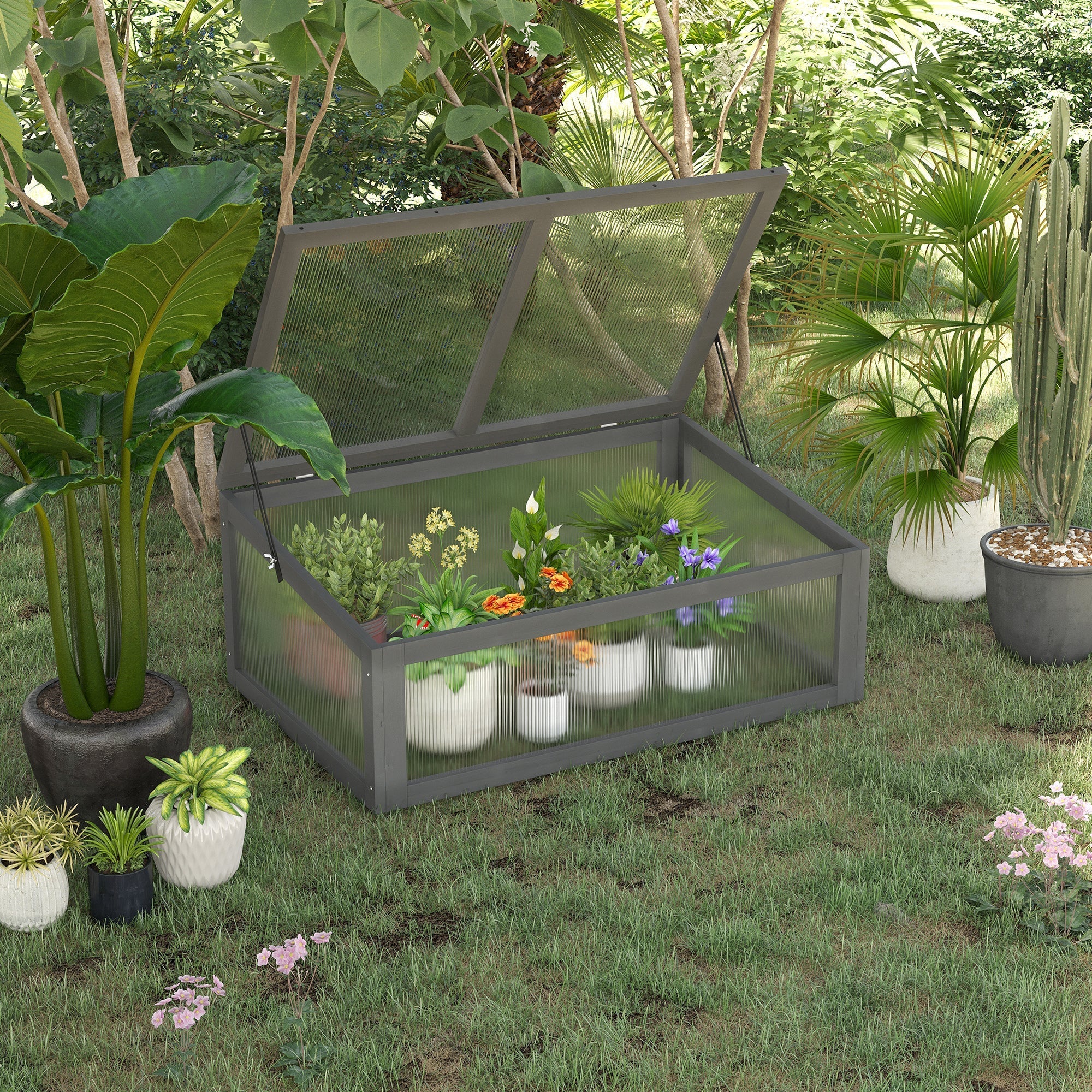 Wooden Cold Frame, Small Greenhouse Polycarbonate Openable Tilted Top, Grey