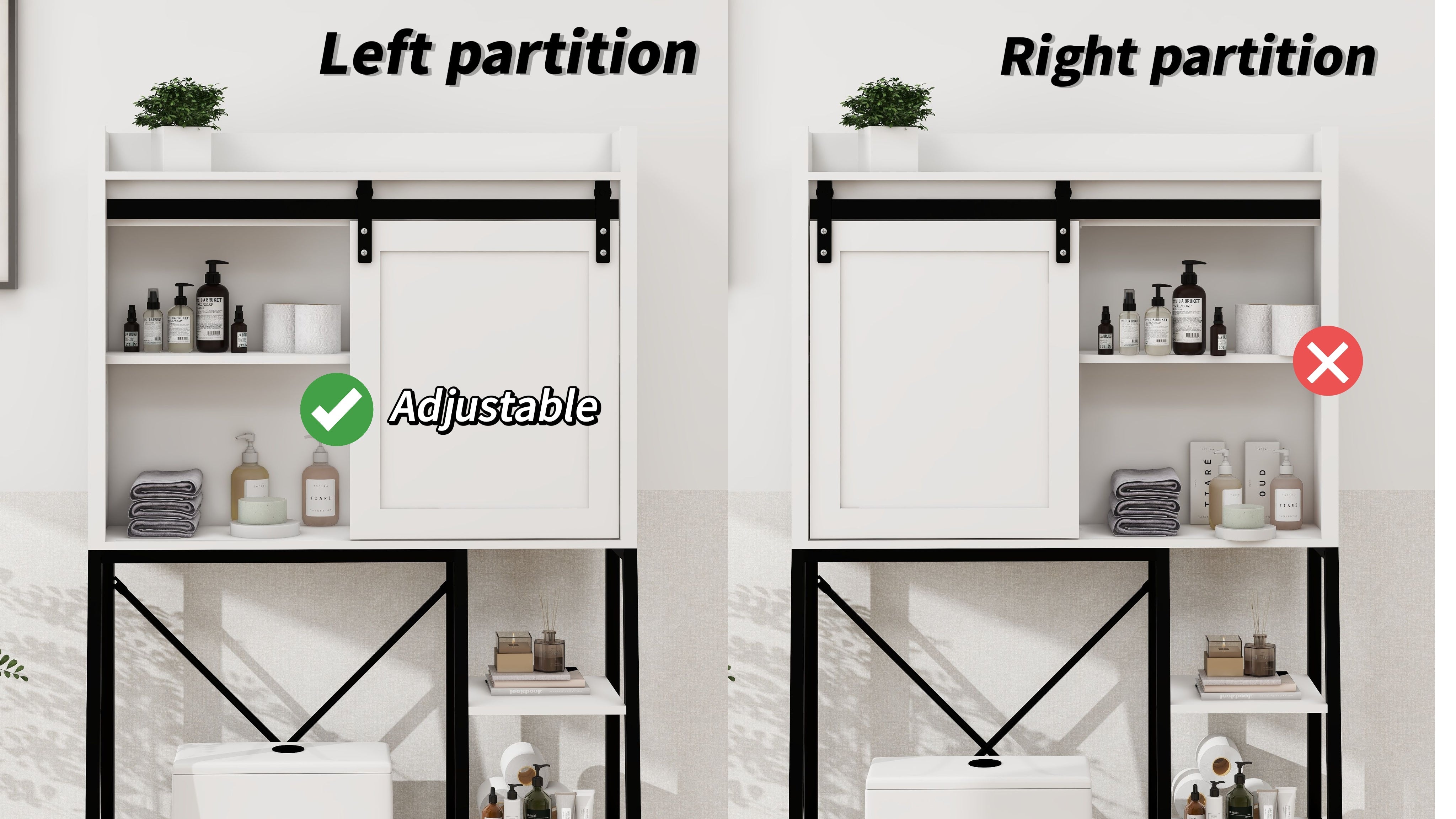 Toilettenschrank mit verschiebbarer Scheunentor & verstellbaren Regalböden – Weiß