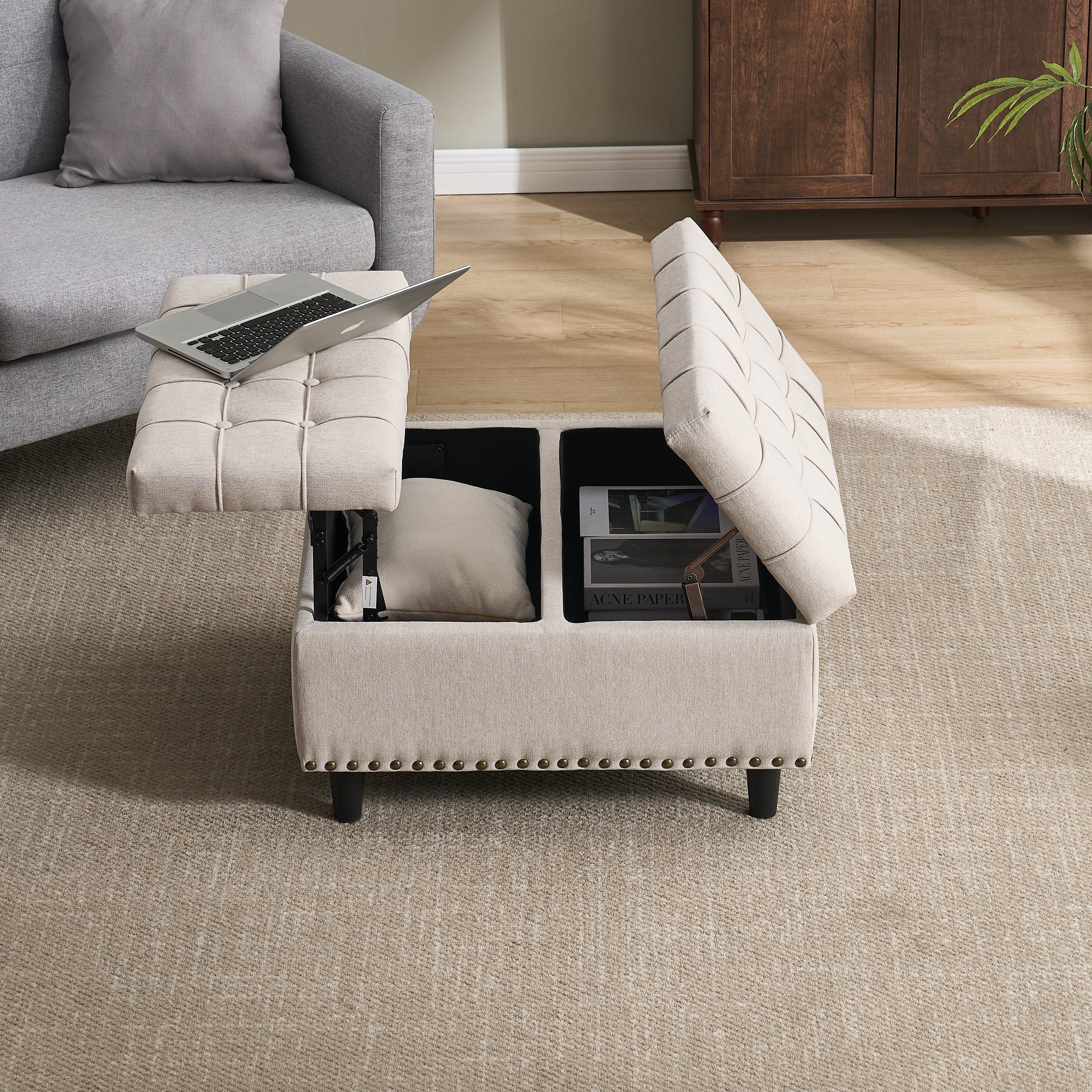 Storage Chair, Large Square Liftable Bench with Space, Beige