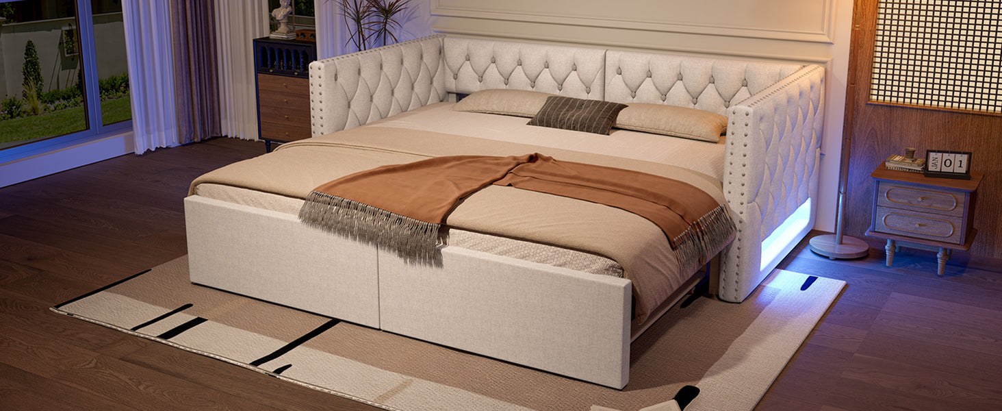 Extendable Daybed 90x200-180x200 Upholstered LED - Beige