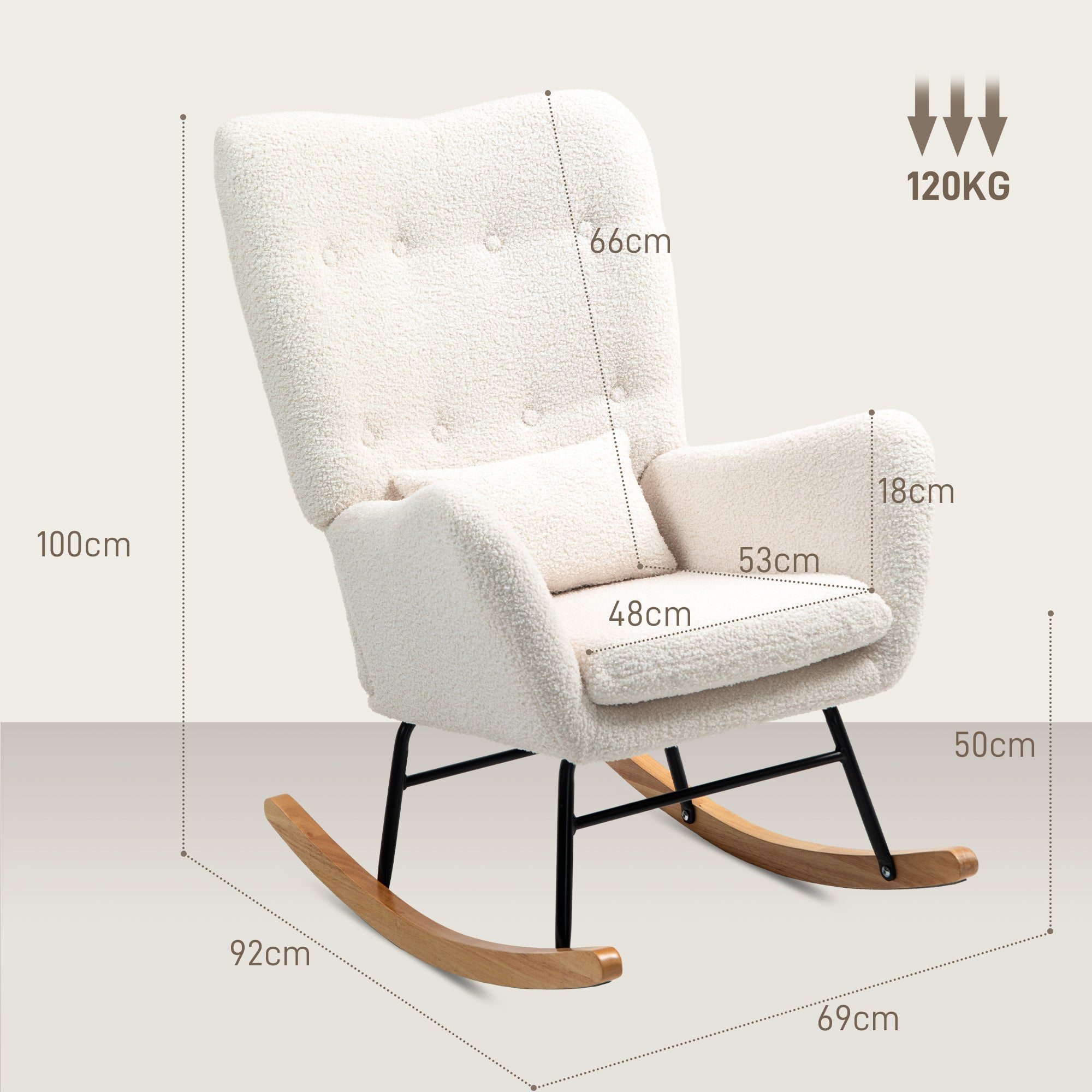 Rocking Chair, Armrests Lumbar Cushion Wooden Base, Cream White Teddy Fabric