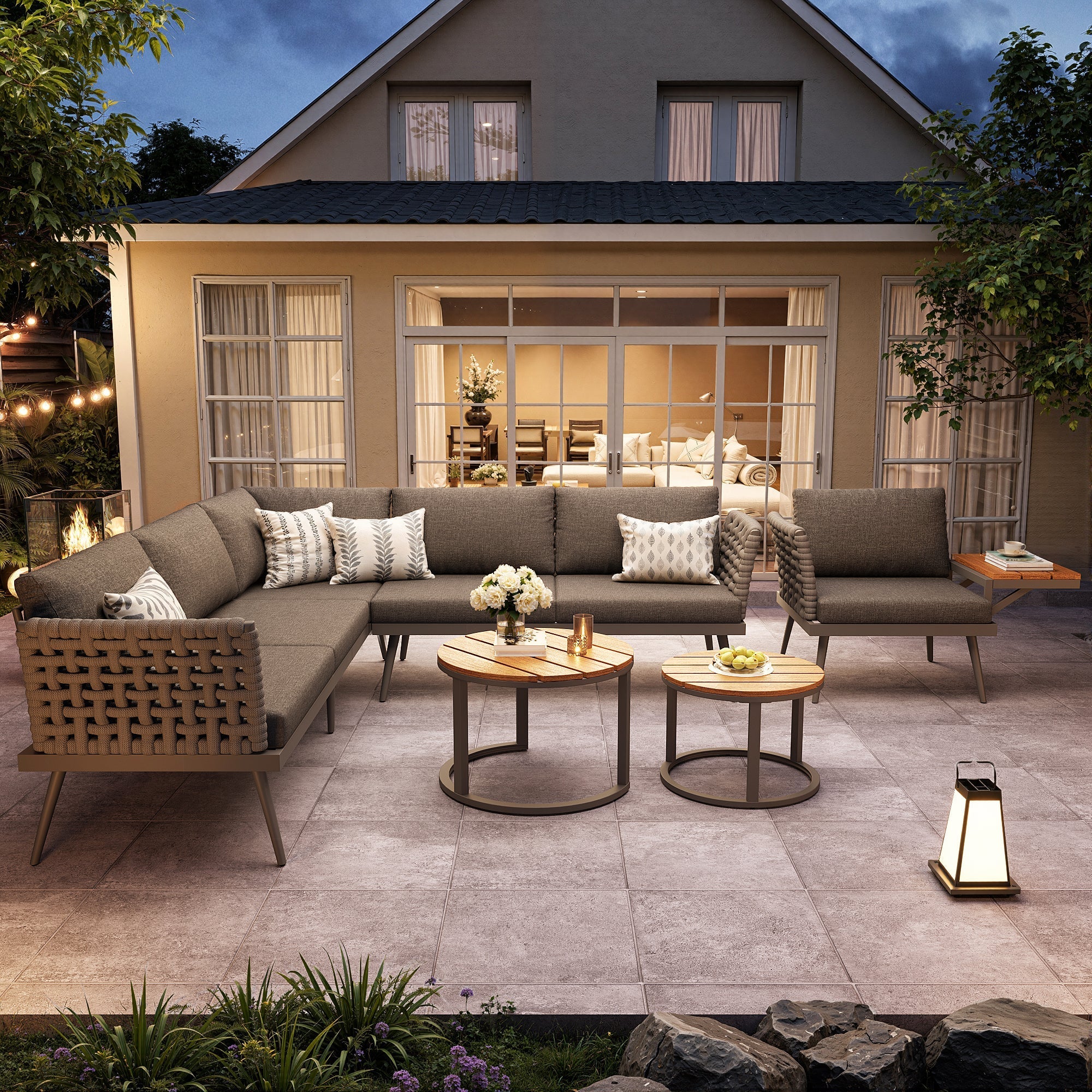 L-Shaped Garden Sofa Set with Coffee Tables and Armchairs, Grey and Beige