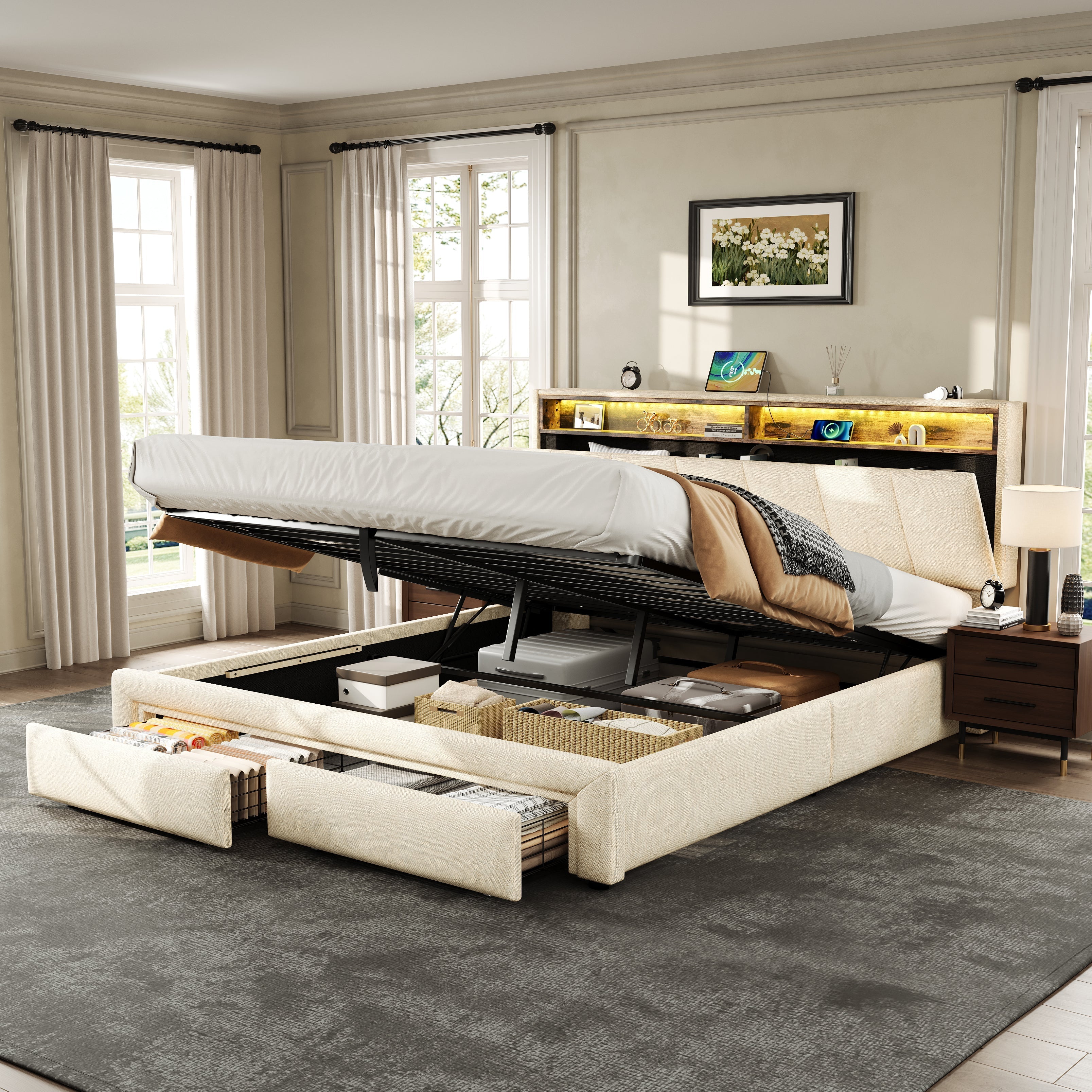 5ft King Upholstered Bed Frame, Hydraulic & Drawers Storage, LED Adjustable Headboard, Linen Beige