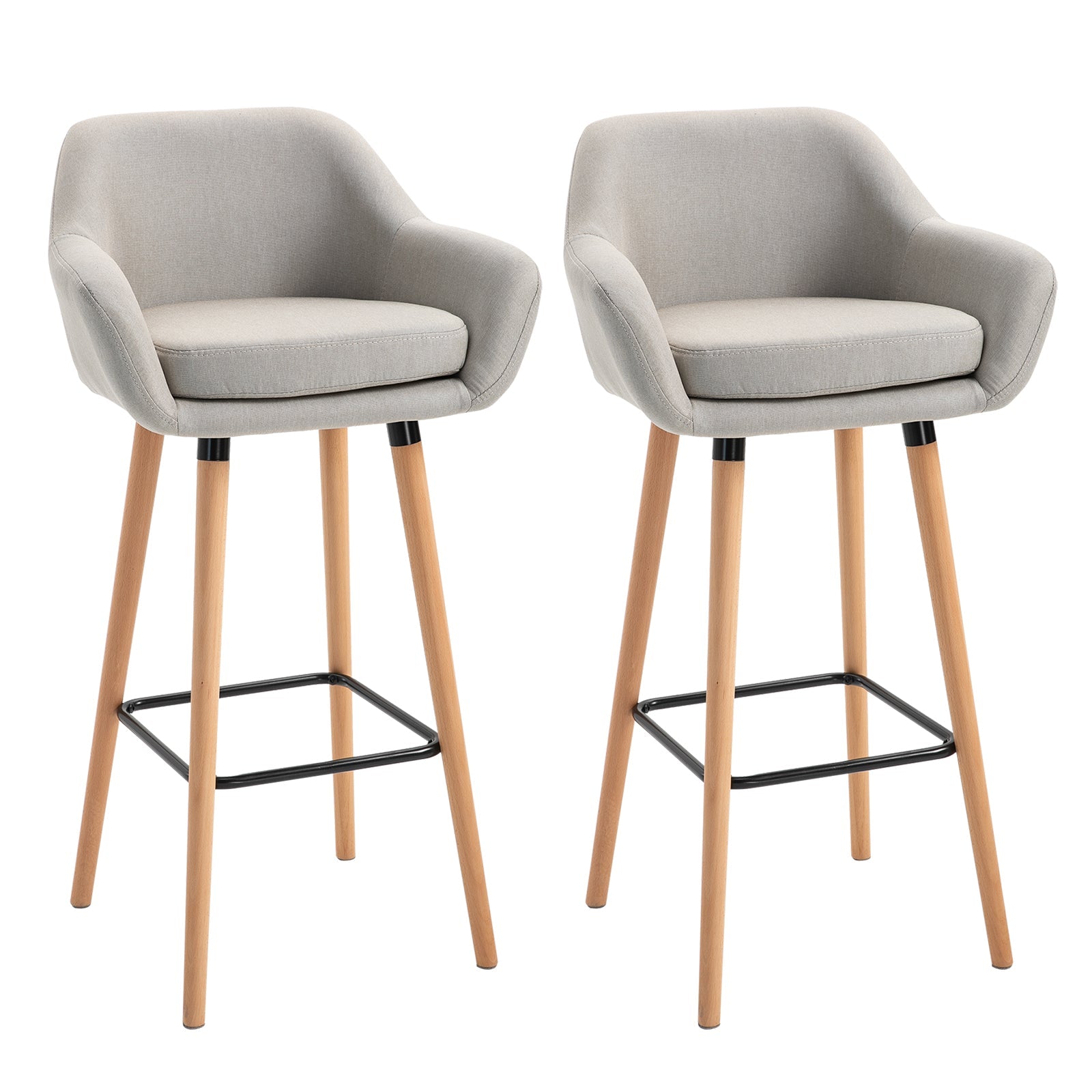 Bar Stool Set of 2, Comfortable Kitchen Stools with Footrests, Linen Beige/Beechwood