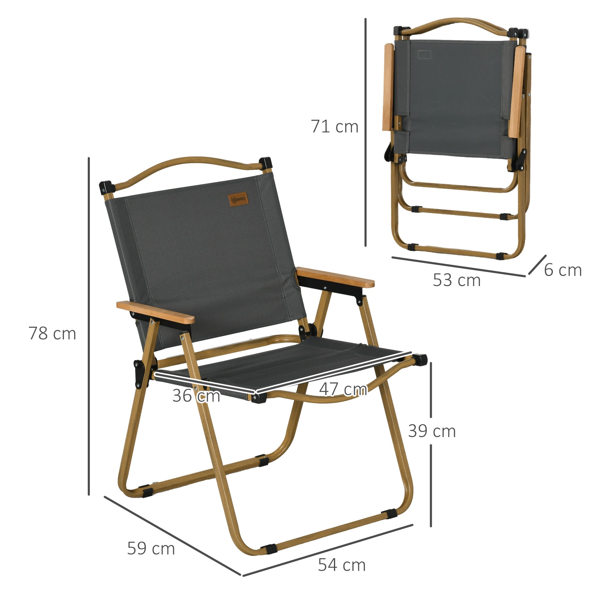 Camping Chair Set of 2, Foldable Garden/Pool/Beach, Steel/Oxford, Dark Grey