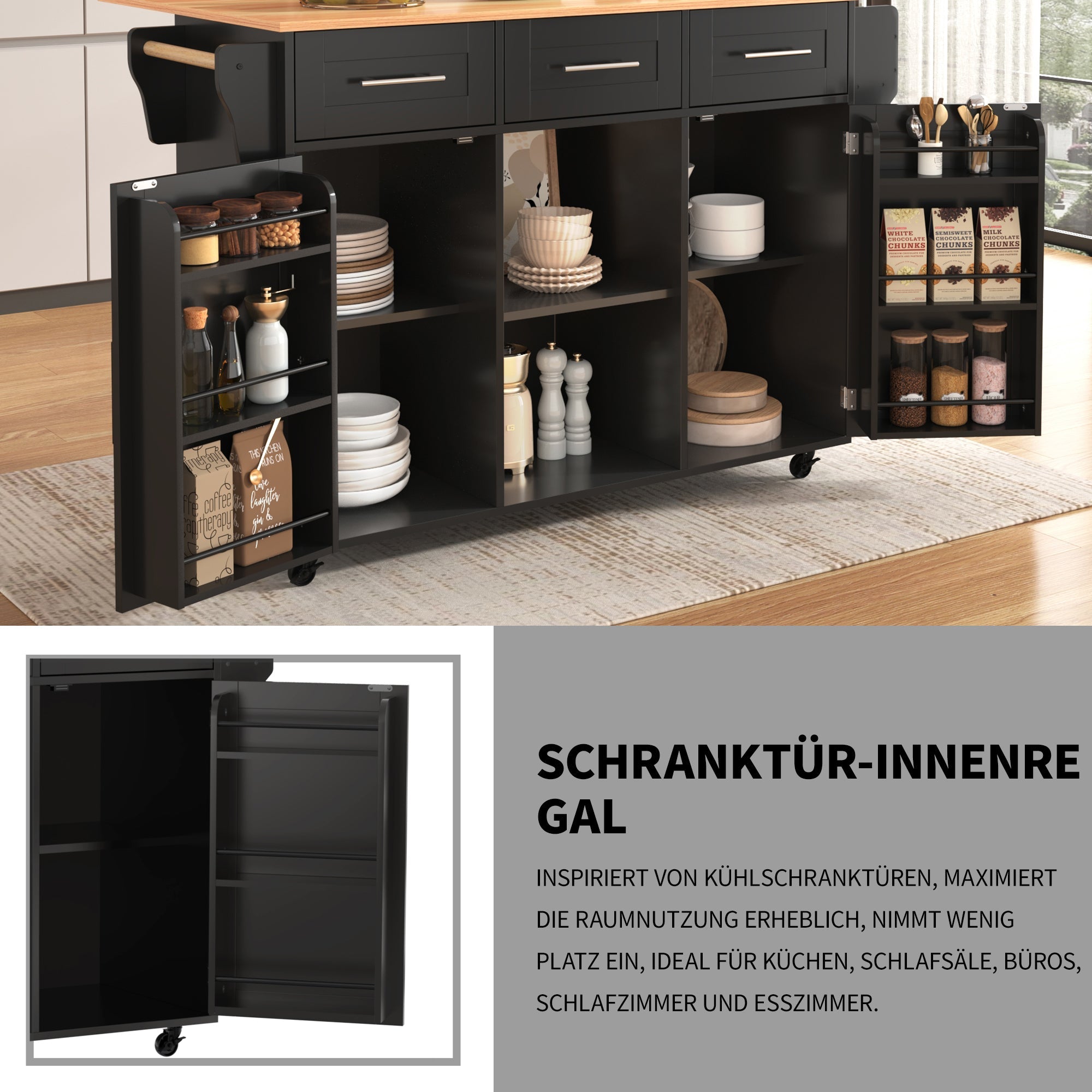 Dining Trolley/Sideboard with Fold-Down Worktop and Storage Casters, Black Solid Wood Grain