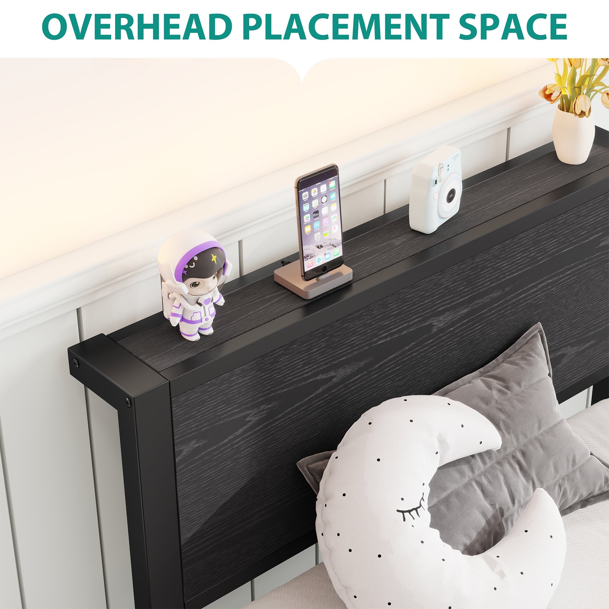 Single Metal Bed Frame 90x200cm, Storage Headboard, Noiseless Platform - Black