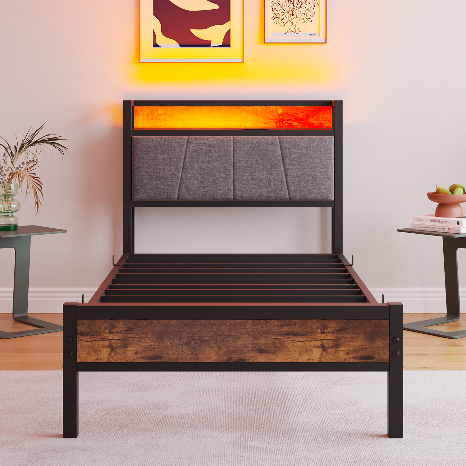 Bed Frame 90x200cm Smart LED Lights USB Charging - Metal