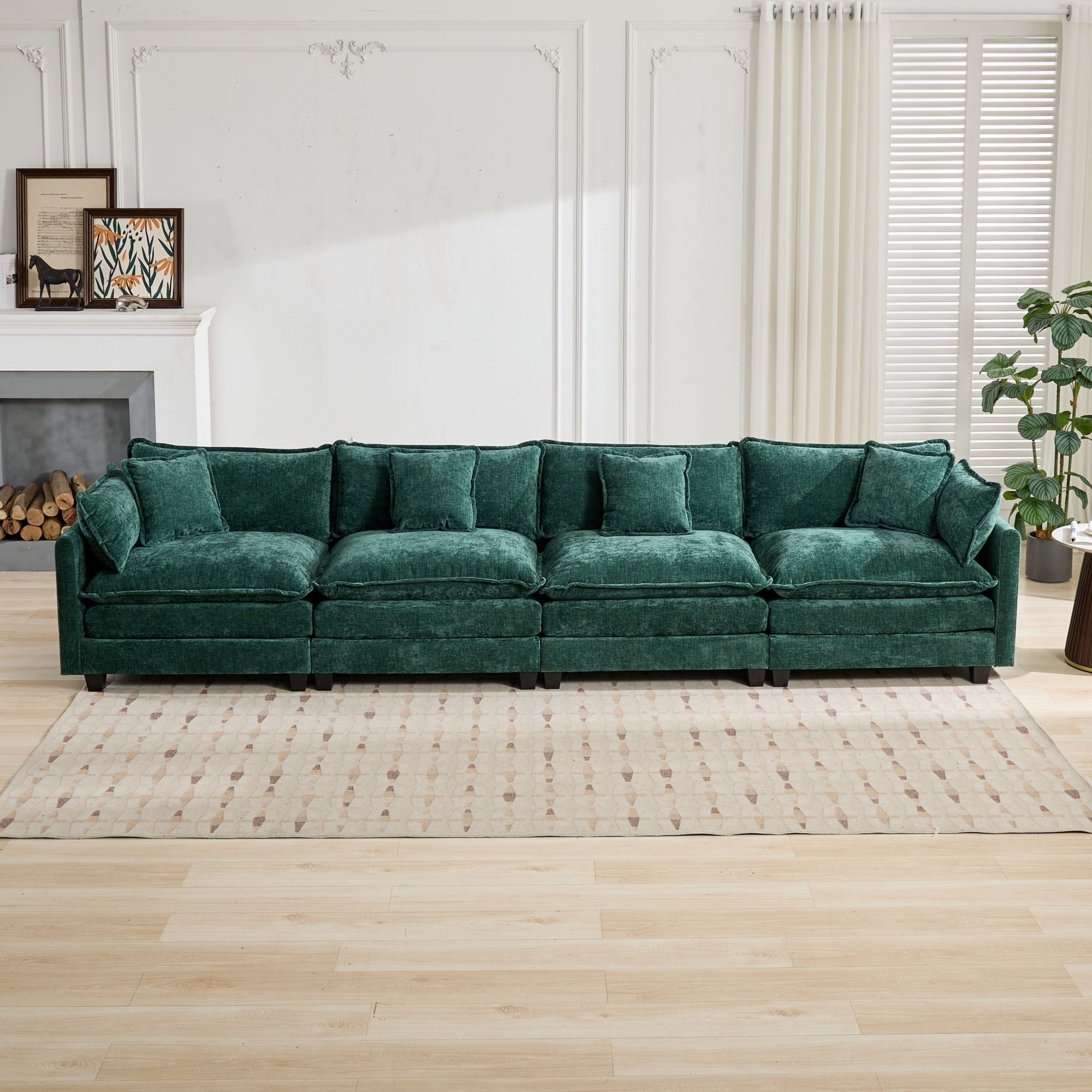 Cloud Sofa 4 Seats, Modern Modular Sectional Couch with Double Layer Upholstered Cushions, Green Chenille Fabric