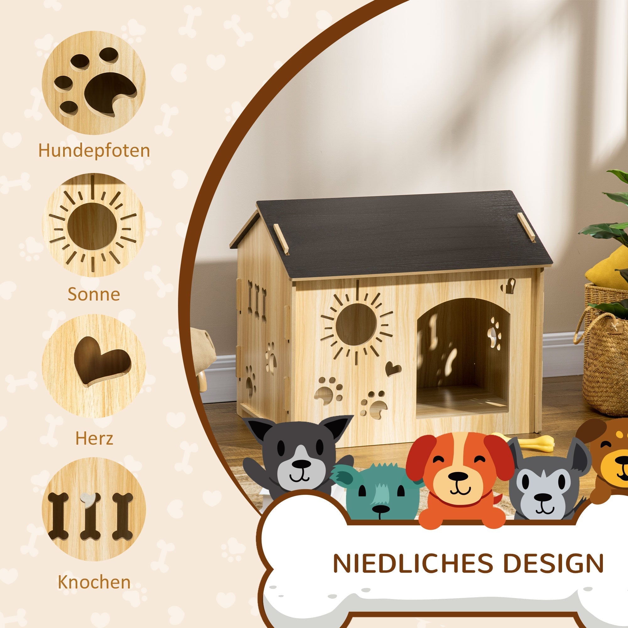 Hundehütte, Indoor mit Dach und Belüftung, MDF Eiche Schwarz