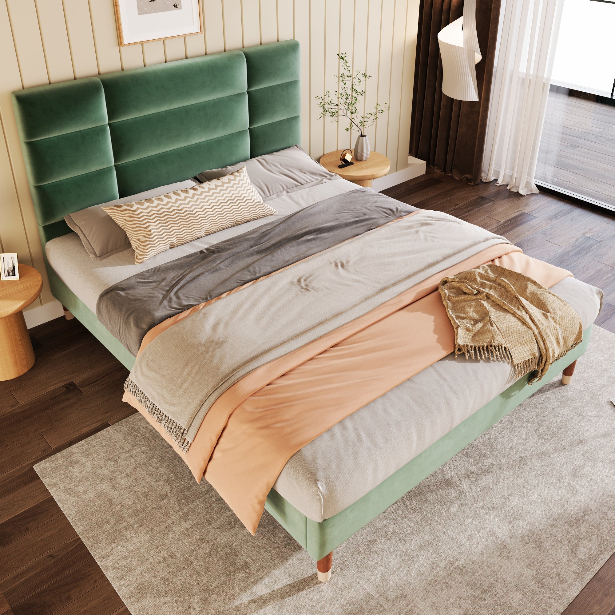 Upholstered bed, double bed with slatted frame 140x200cm, dark green velvet