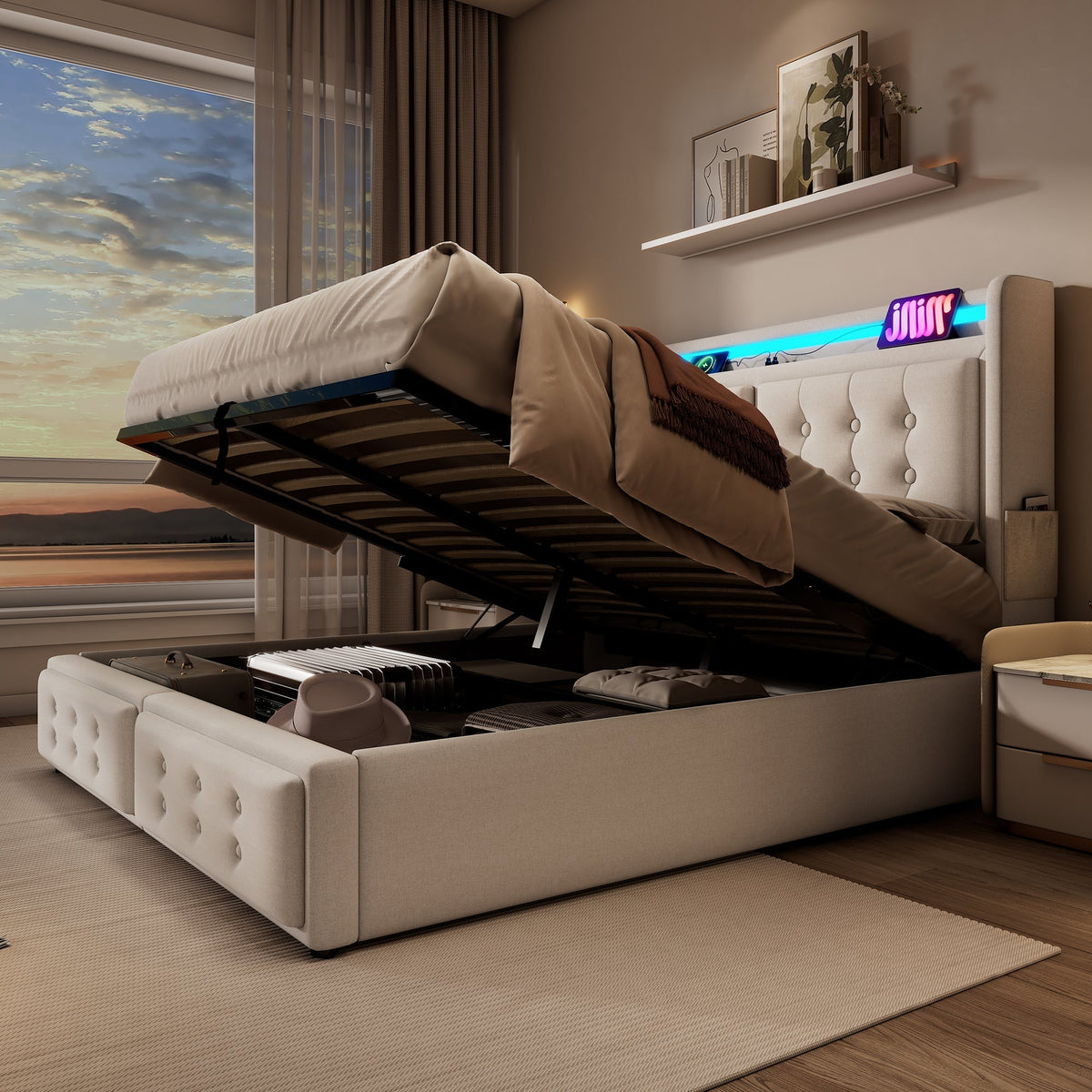 Upholstered Bed 140x200 Double LED Headboard USB Hydraulic Storage, Beige Cotton (with Mattress)