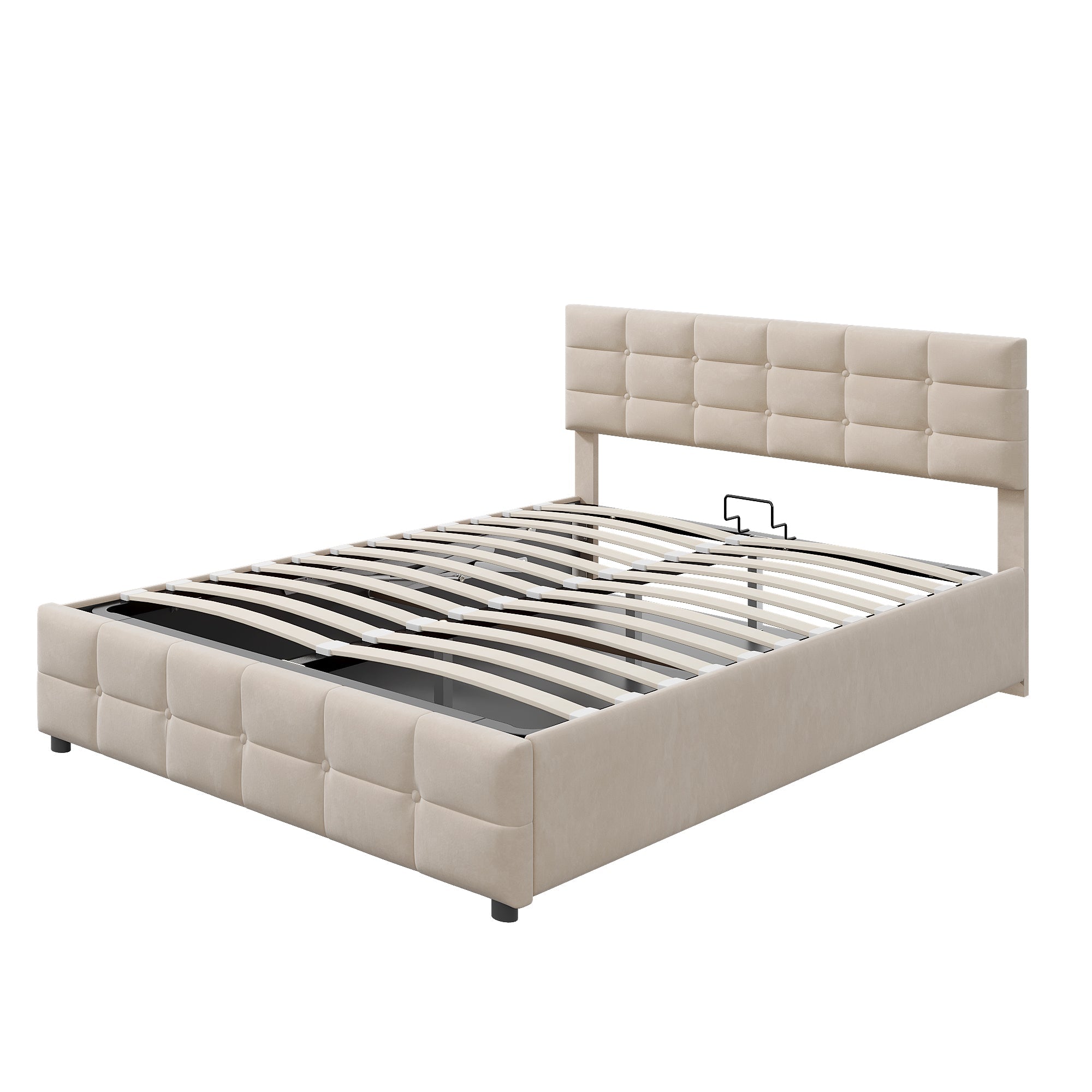Upholstered Bed 180x200cm Slatted Frame Hydraulic Single Bed, Dutch Velvet Beige