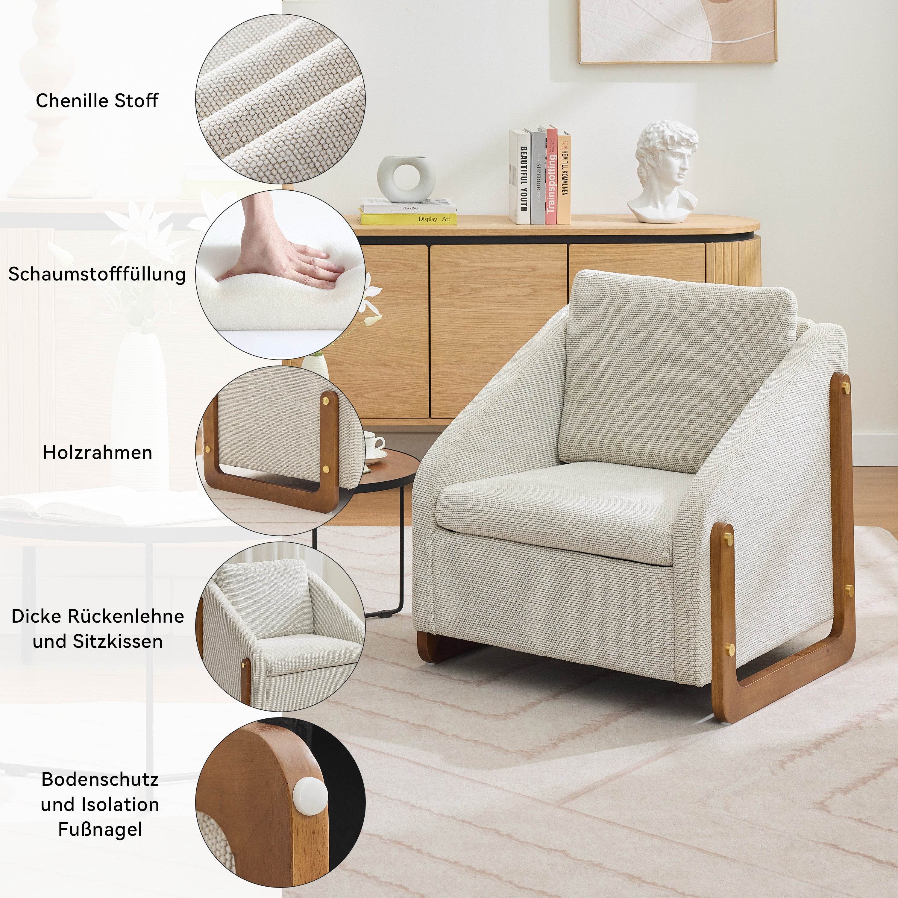 057 Armchair, Living Room Accent Lounge Chair with Wooden Armrests & Back Cushion, Beige Chenille Fabric