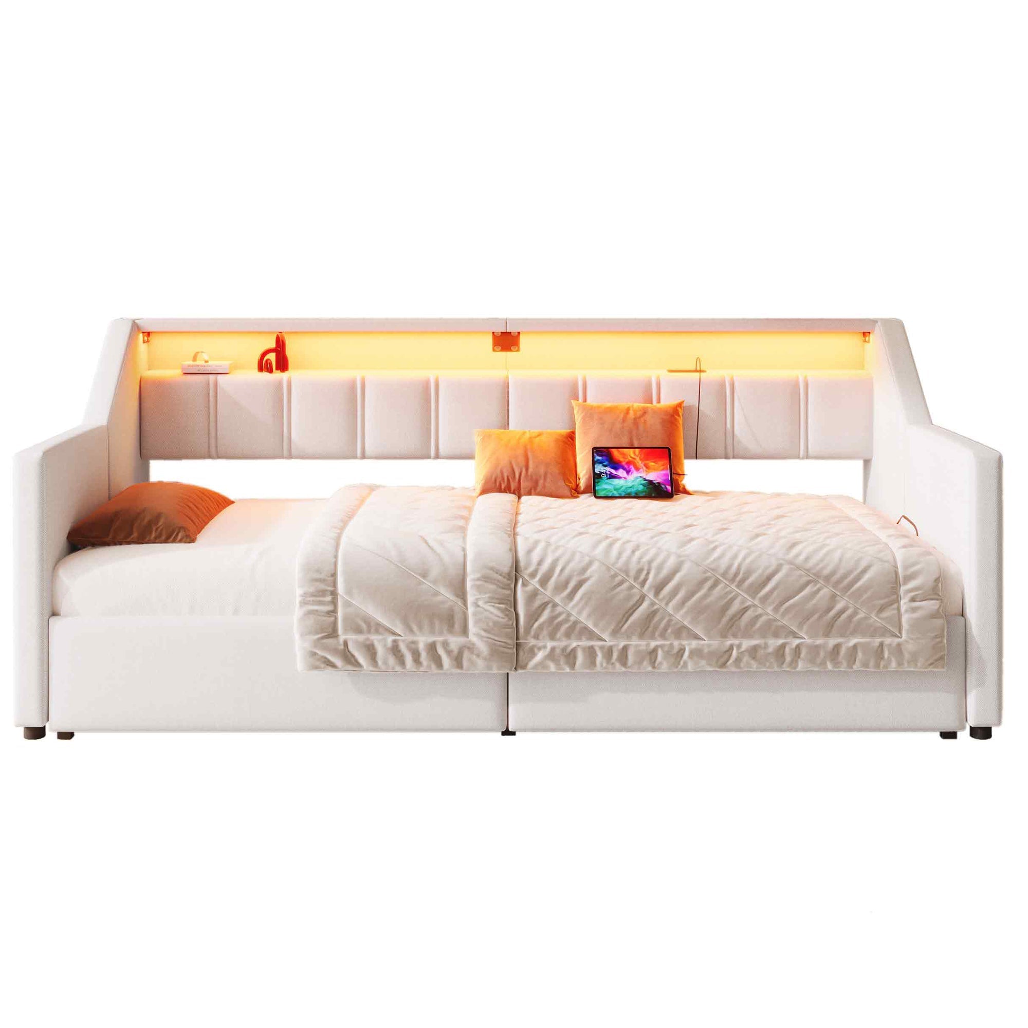 Daybed Sofa Bed 90x200cm Pull-out Bed LED USB/Type-C 2 Drawers Storage - Beige