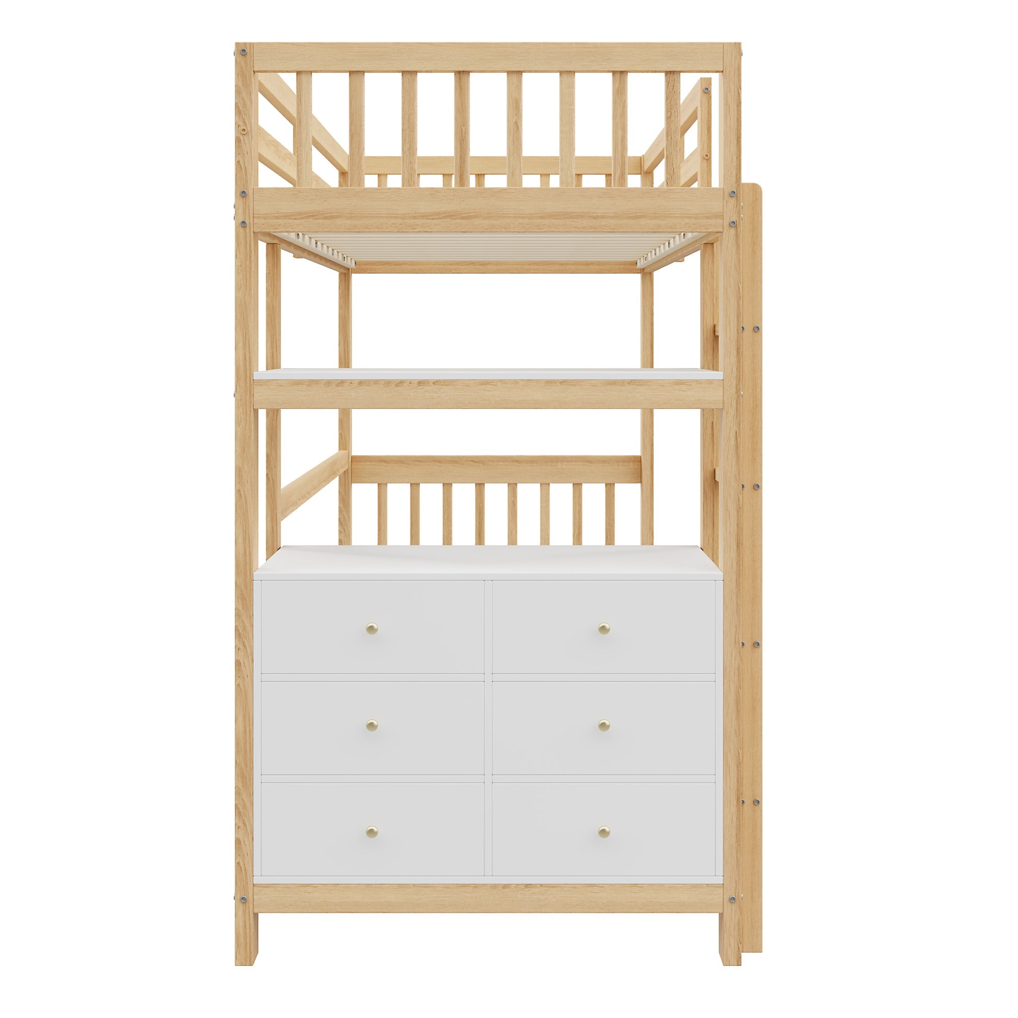 Loft Bed 90*200cm with Ladder, Drawers, Shelves, Pinewood, White & Wood