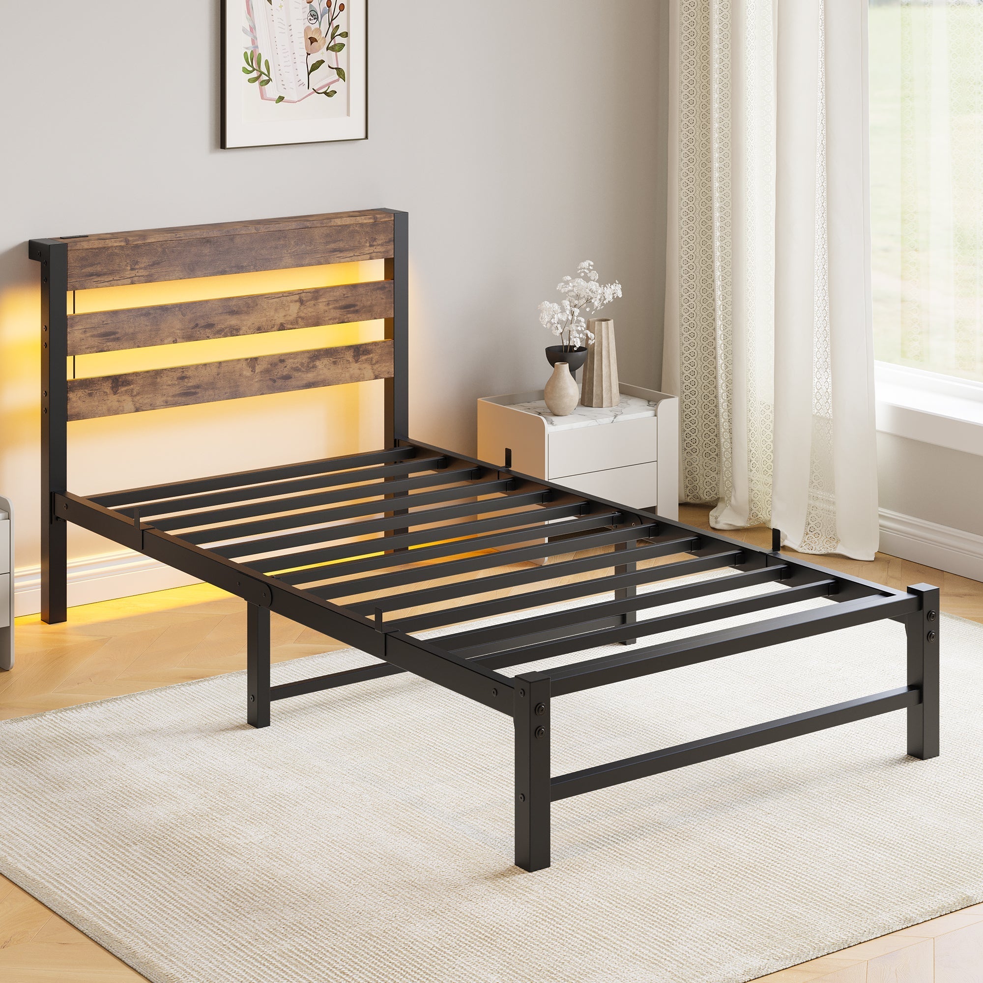90x200 Bed Frame LED USB Charging Storage - Metal
