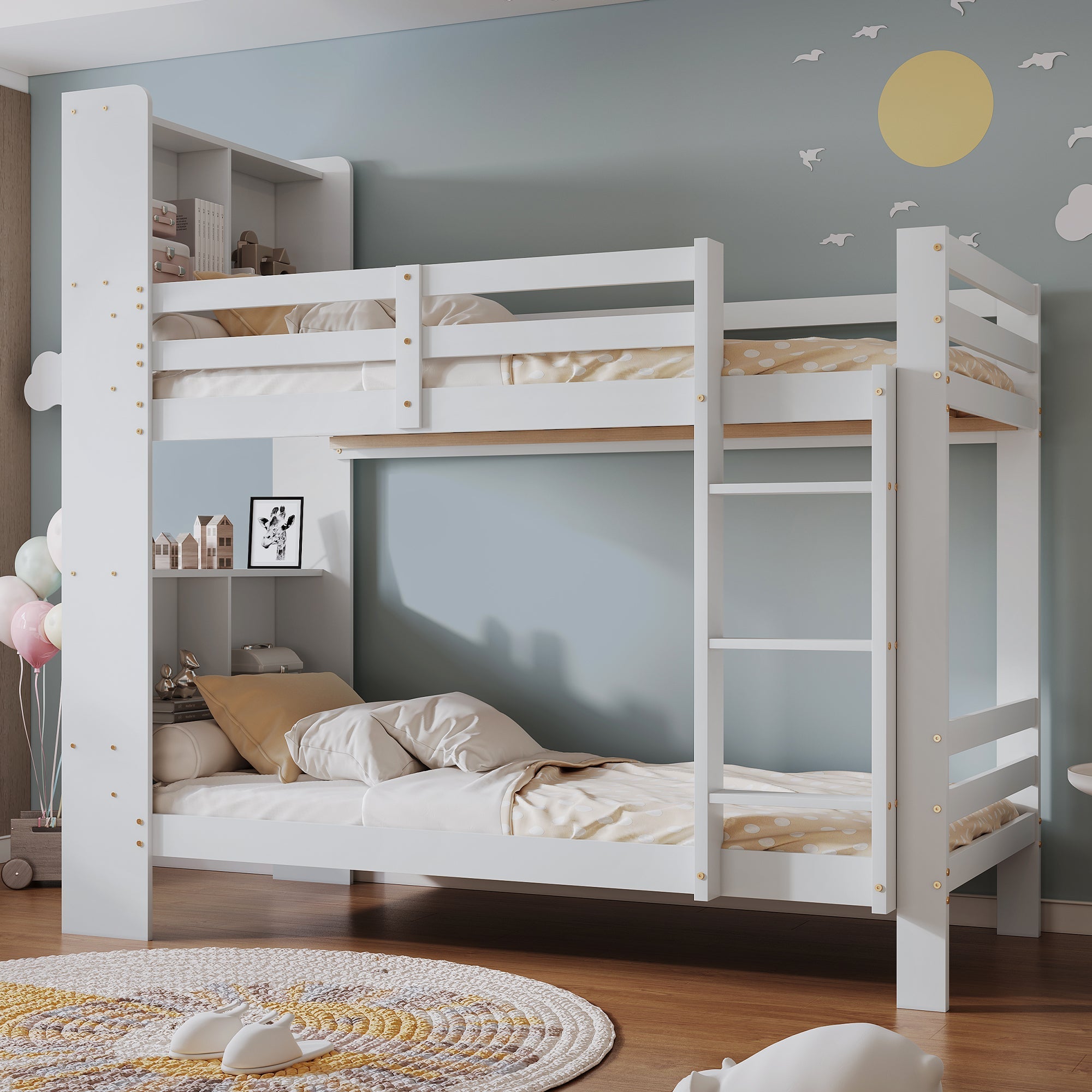 Bunk Bed with Shelves, Ladder & Storage, Solid Wood, White