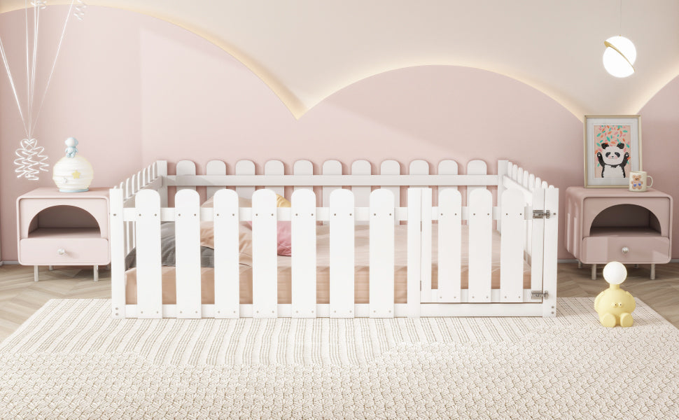 Children's Bed 140x200cm, Wooden Frame with Door & Surround, White