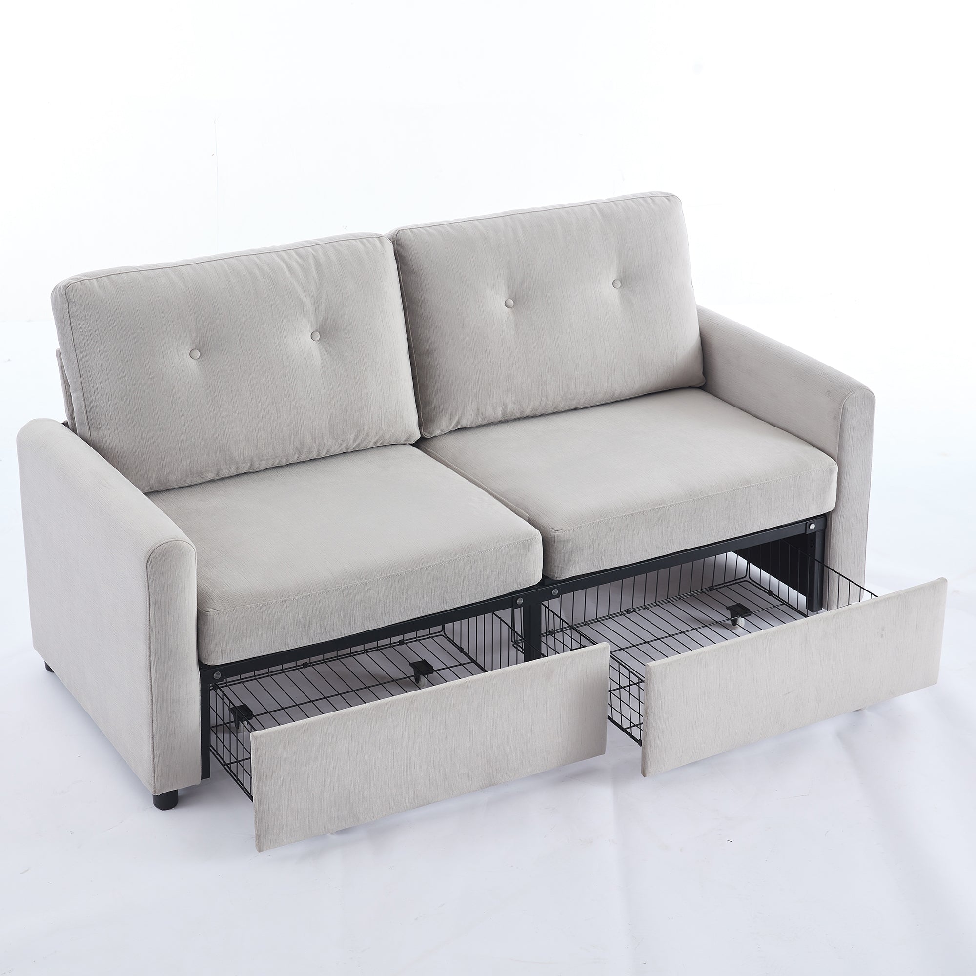 Modern Compact 2-Seater Sofa with Drawer Storage Durable Light Grey Fabric