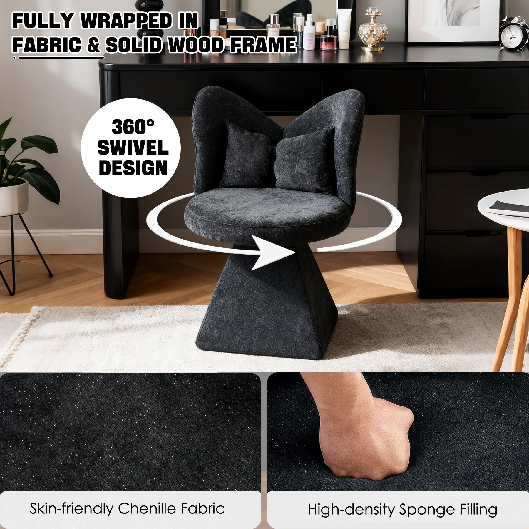 Vanity Chair Butterfly Backrest Swivel Accent Stool