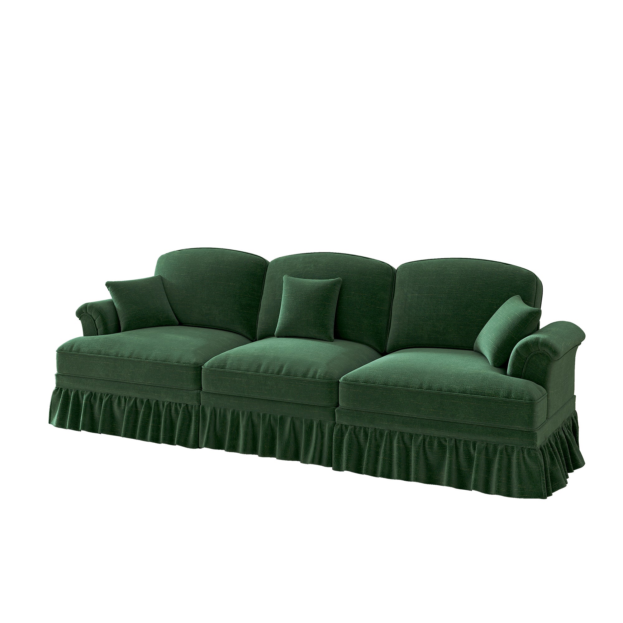 3-Seater Sofa Mid-Century Chenille Ruffled Apron Spindle Legs - Green