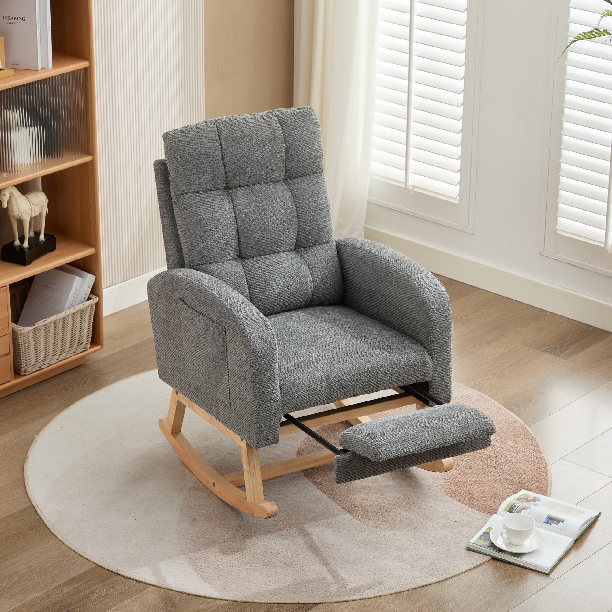 Rocking Chair with Adjustable Footrest, Solid Wooden Legs, Lounge Armchair, Grey Waffle Fabric