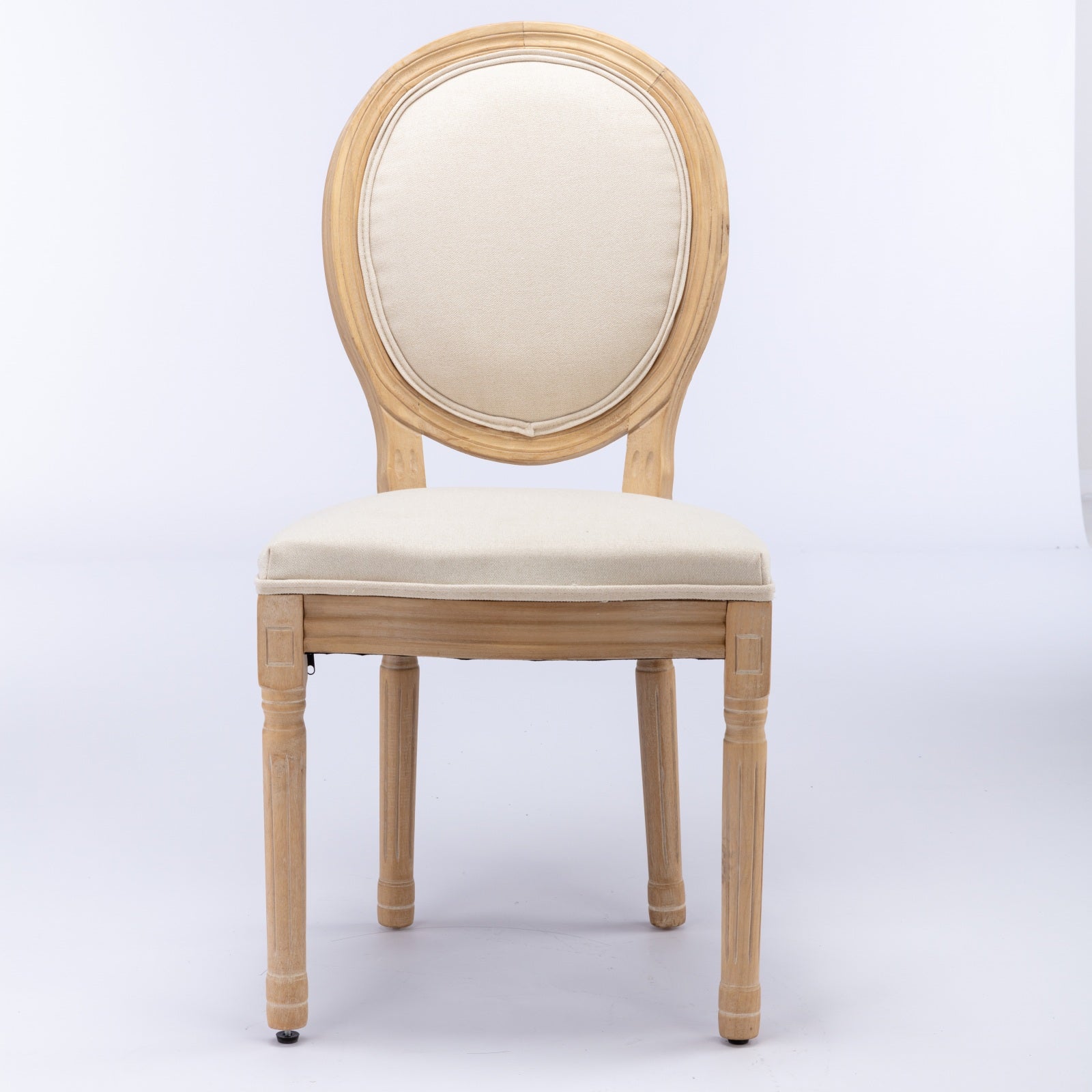 French Style Dining Chair Set of 2 Solid Wood Antique Finish Linen Back - Beige